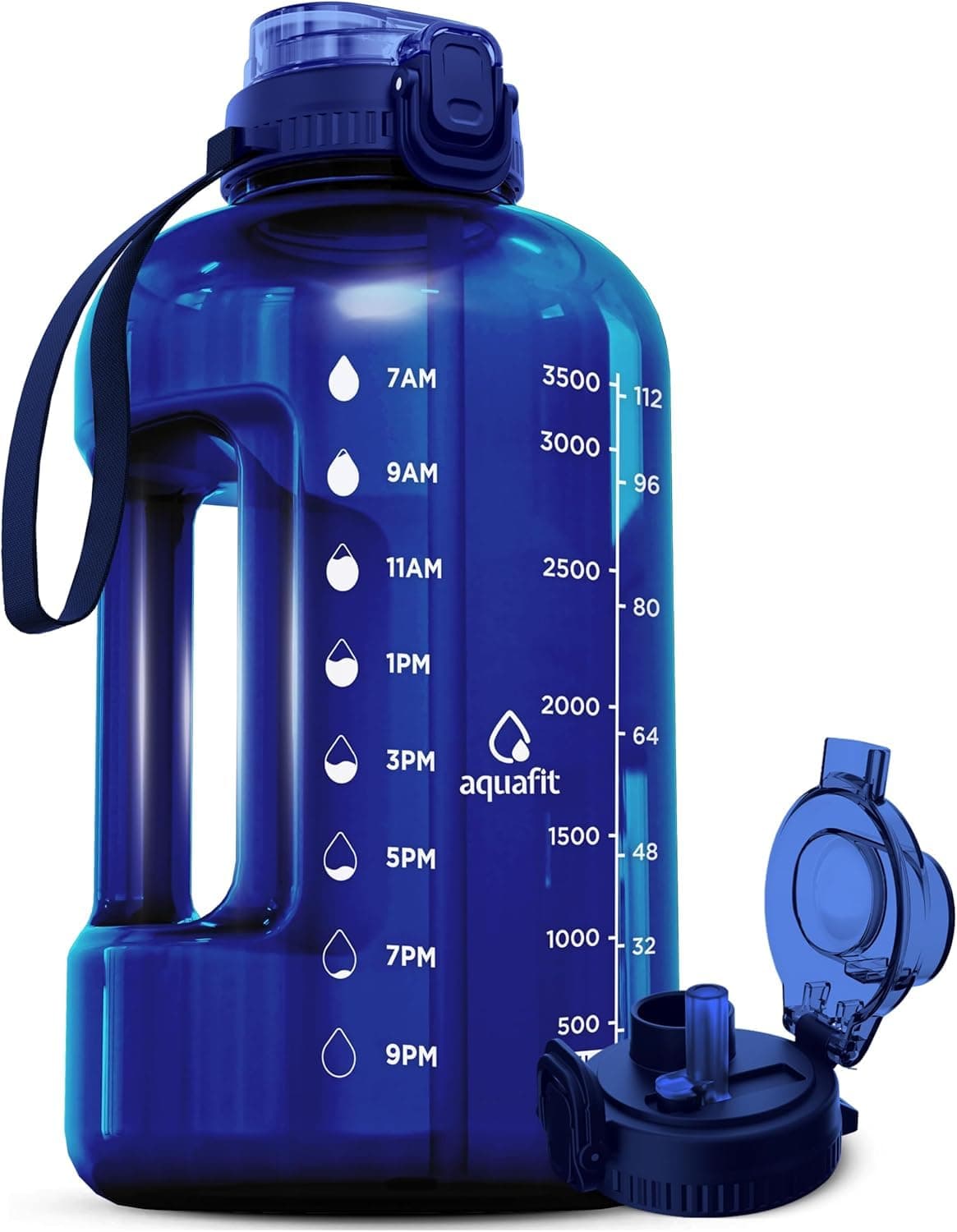 AQUAFIT 1 Gallon Water Bottle with Time Marker - Straw & Chug Lid - BPA Free Gym Water Bottle with Straw - Big Gallon Jug (Blue, 128 oz - 2in1 Lid)