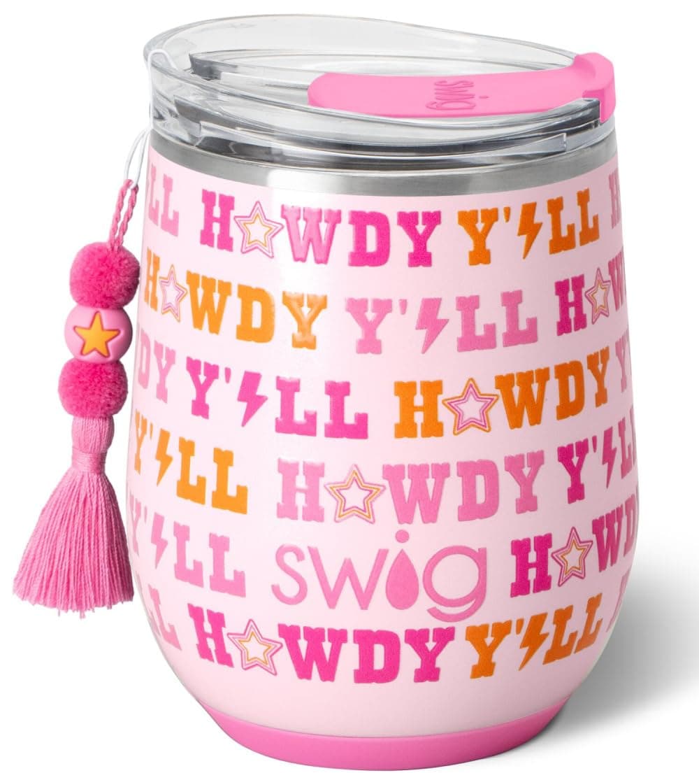 Swig Life 12 fl oz Wine Glass with Lid, Stainless Steel, Dishwasher Safe, Portable, Triple Insulated Wine Tumbler (Howdy Yall)