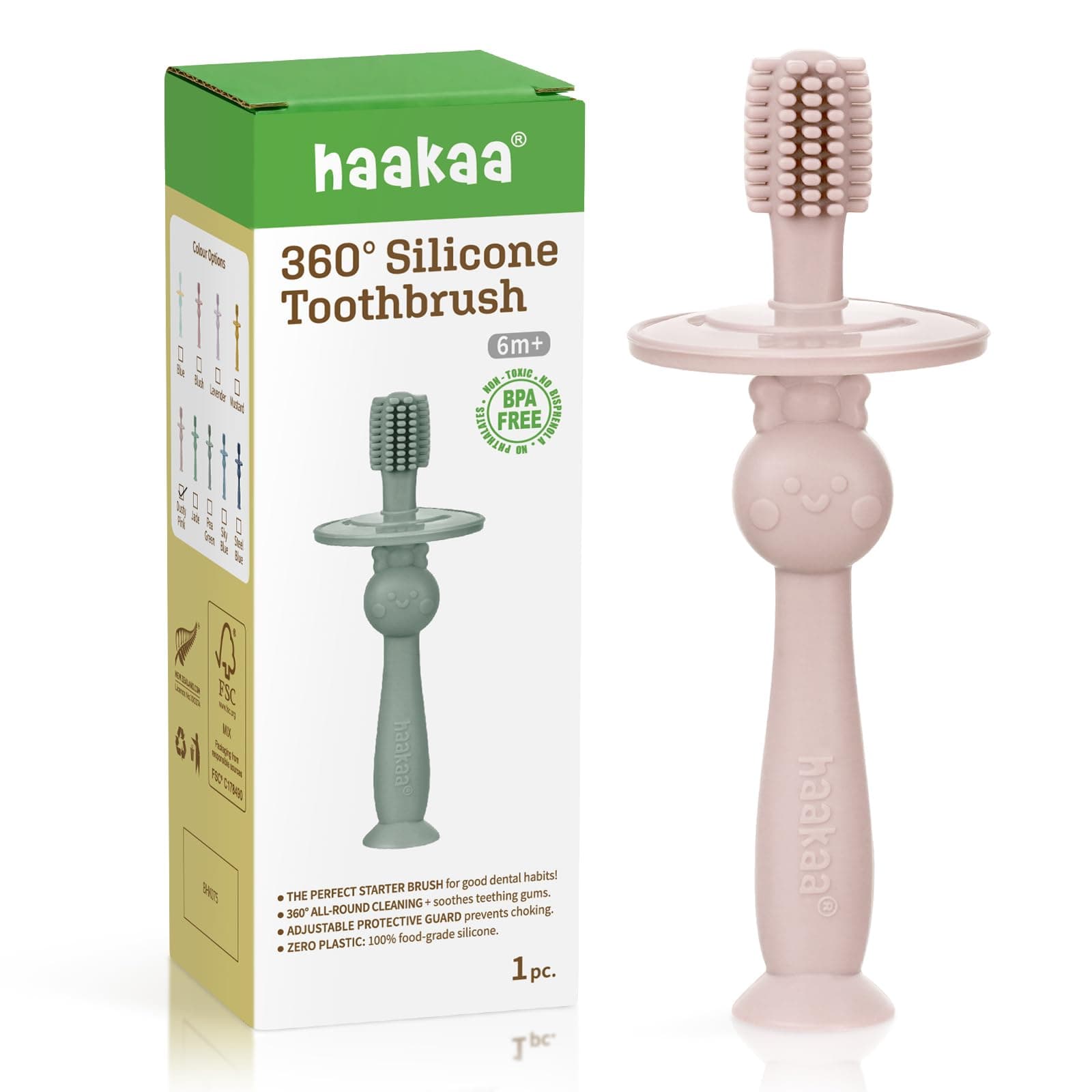 haakaa 360° Baby Toothbrush with Suction Base - Gentle Cleaning for Toddler's Self-Brushing Training, Food-Grade Silicone, Adjustable Safety Shield - Dusty Pink (1 Piece)
