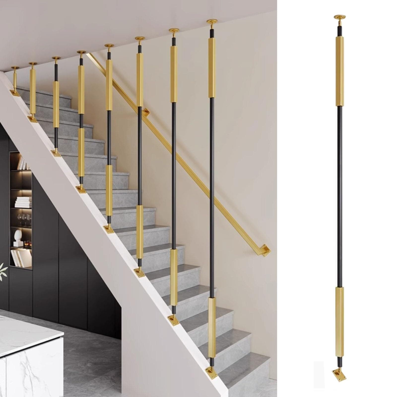 ZCFXIFGF Angle Adjustable Metal Spindles for Staircase, Universal Stair Balusters Post for Prevent Falling, Black/Gold/White Wrought Iron Balusters for Slope Staircases(Black+Gold,175cm/69in/5.7ft)