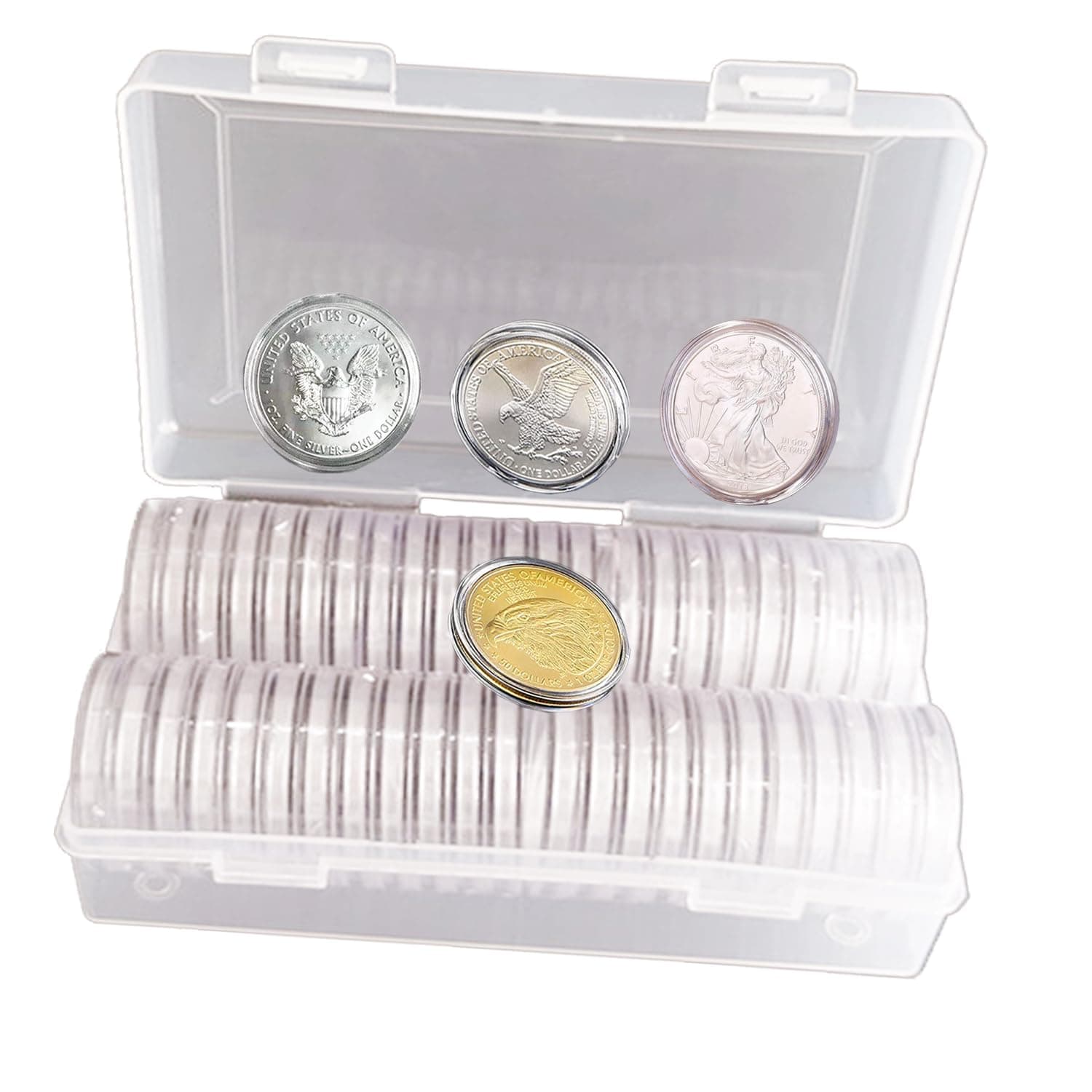 XYZsundy 40.6mm Silver Dollar Coin Holders, 50 PCS Silver Eagle Coin Capsules with Clear Storage Organizer Box, Round Plastic Coin Cases for 1 oz Silver Coins, Coin Collection Supplies for Collectors