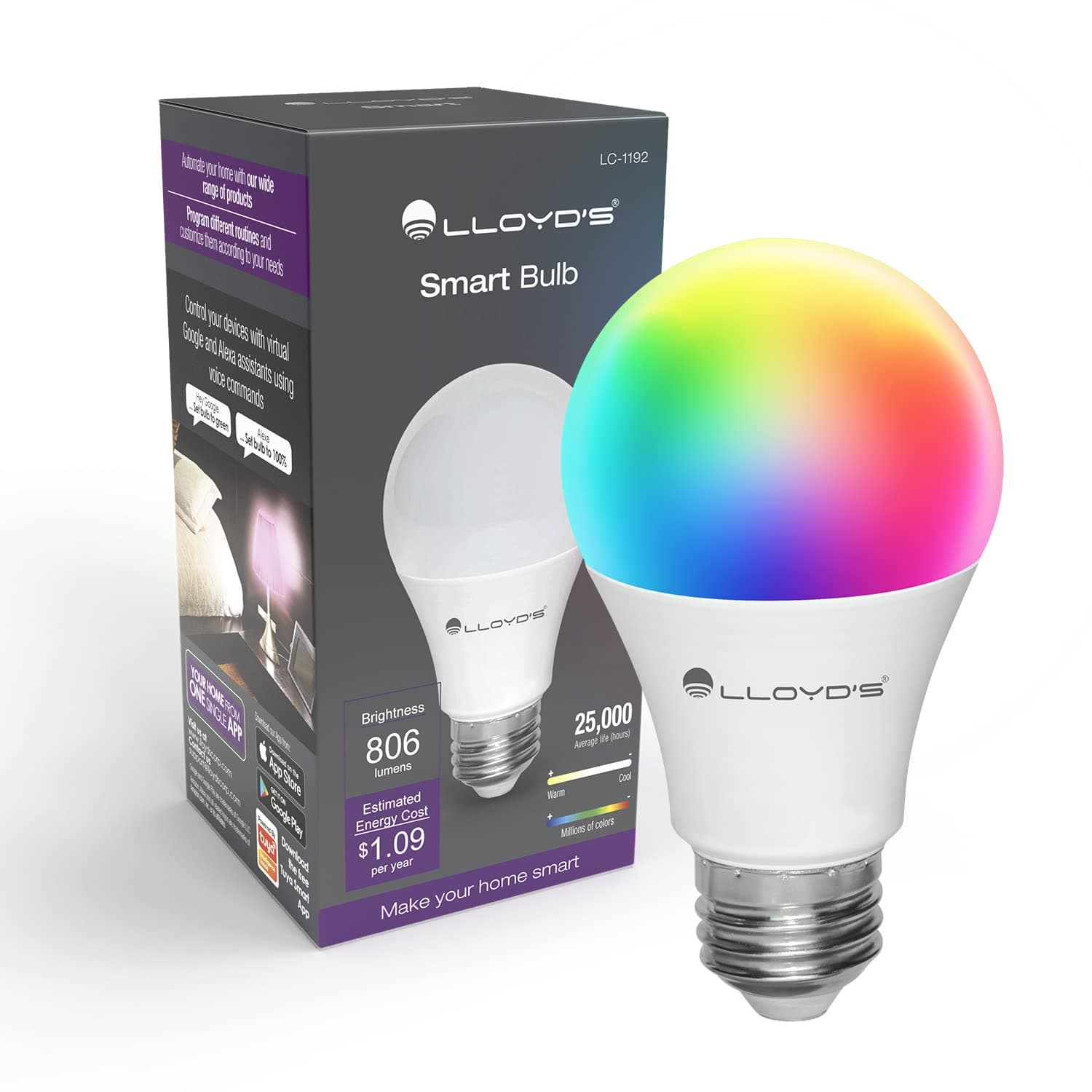 Foco Inteligente WiFi, Multicolor + Luz Blanca Fría y Cálida (RGB + Rango de Luz Blanca 2700K a 6500K, 800 Lumens en Luces Blancas), Compatible con iOS, Android, Alexa y Asistente de Google para redes de 2.4 GHz (No Requiere Hub), 10W, Dimmeable Desde App