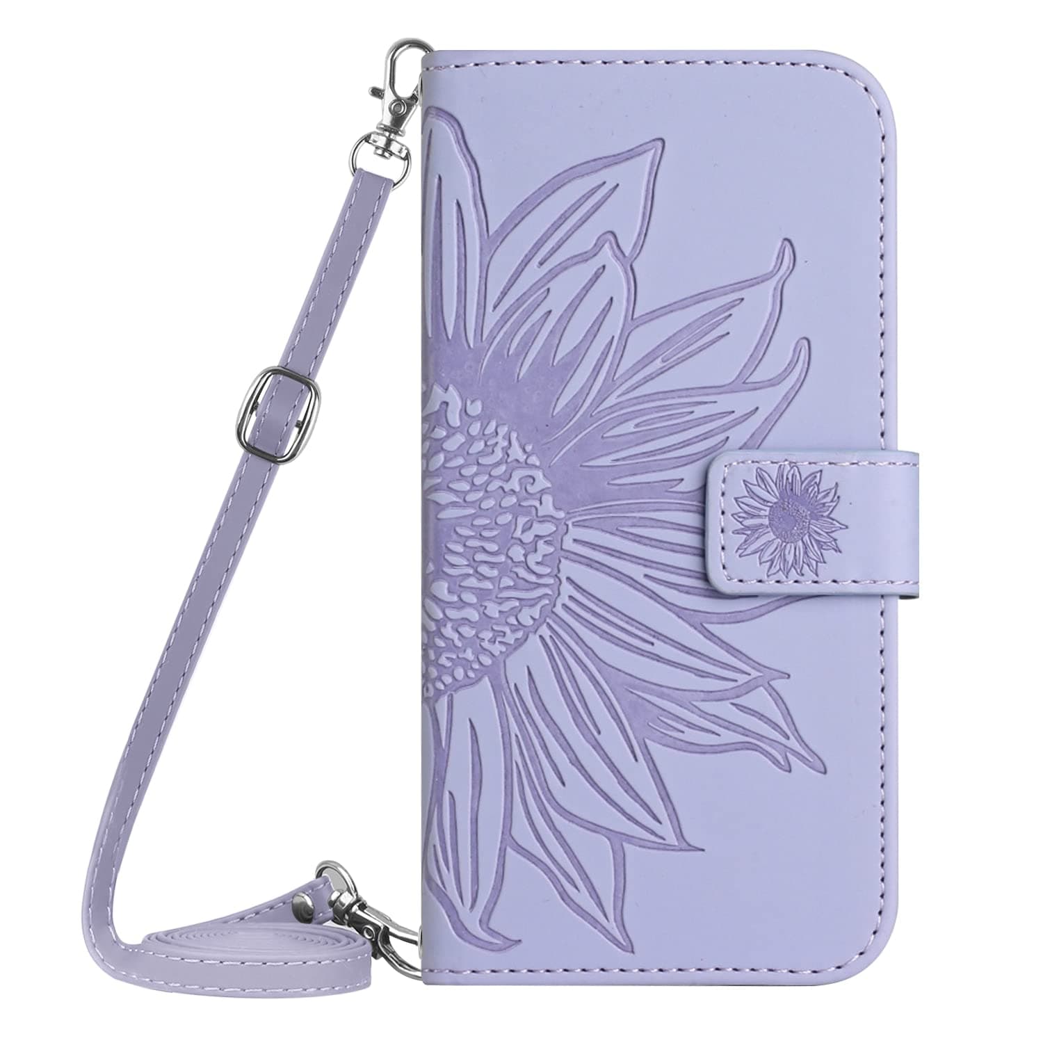 ONV Wallet Case Compatible with iPhone 13 Mini 5.4" - with 1.5M Strap Sunflower Flip Leather Case Embossment Card Slot Shockproof Kickstand Magnetic Cover for iPhone 13 Mini 5.4" [HT] -Purple-T