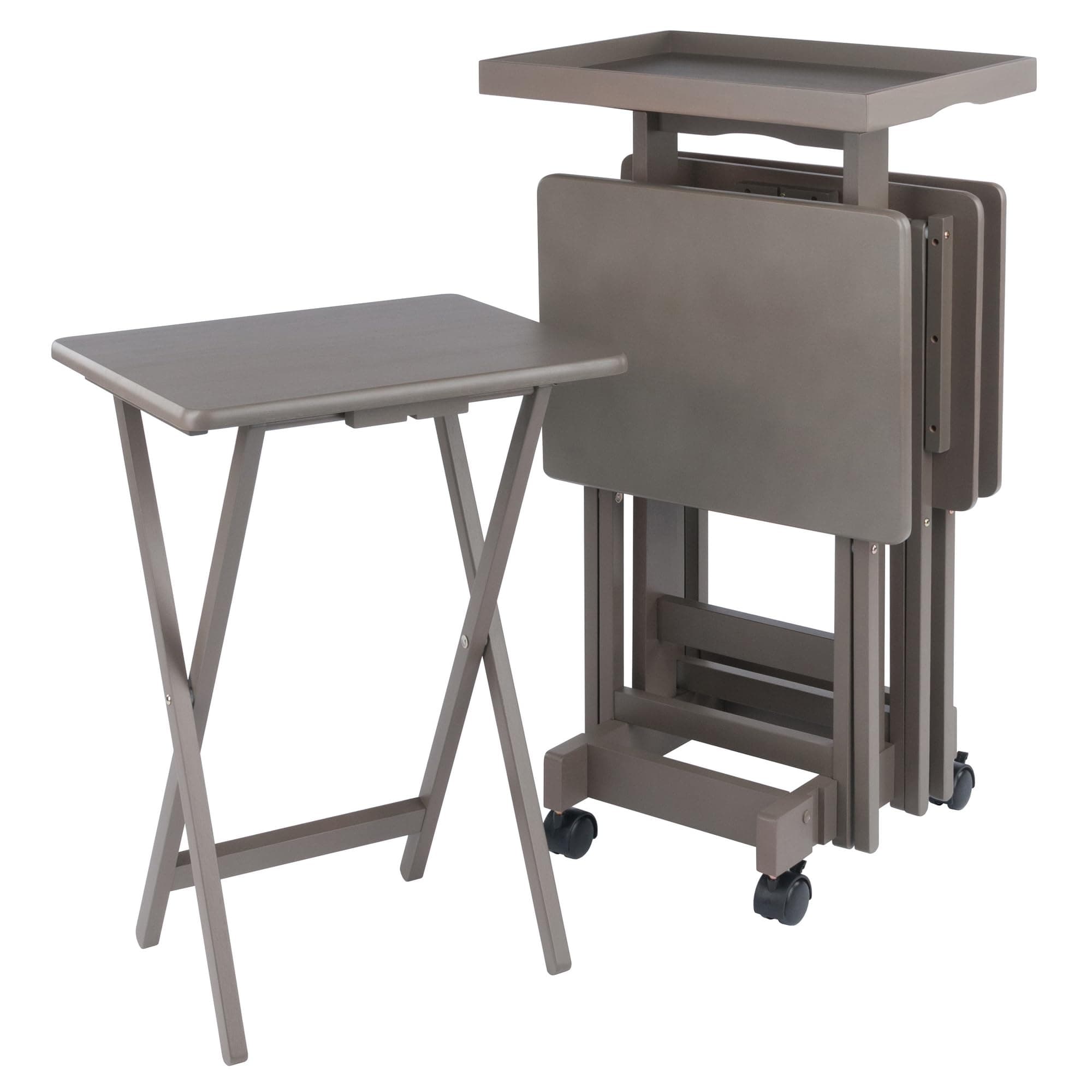 Winsome Isabelle 4 Snack Tables with Tray Stand and Removable Serving Tray Oyster Gray Finish