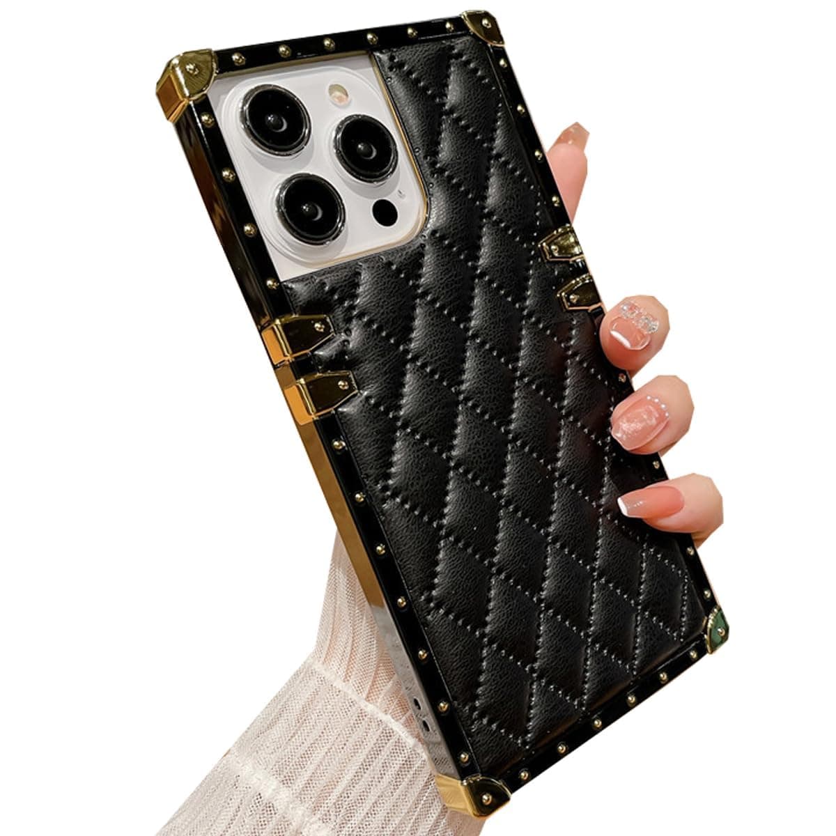 Changjia for iPhone 16 Pro Max Cute Case for Women,Luxury Golden Decoration Corner Soft TPU Bumper Elegant Shockproof PU Leather Back Girls Protective Phone Case for iPhone 16 Pro Max 6.9 Inch (Black)