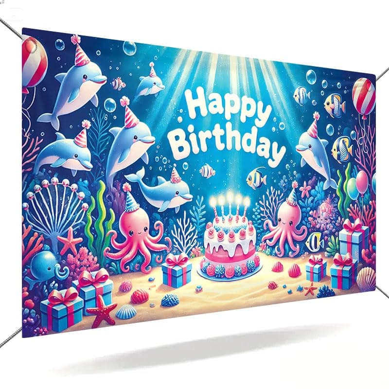 ActFirst Large Happy Birthday Banner 71x43 Inch, Underwater Ocean Party Fabric Backdrop with Dolphins Octopus Fish and Coral, Big Hanging Porch Sign for Kids Birthday Decorations Indoor Outdoor Yard