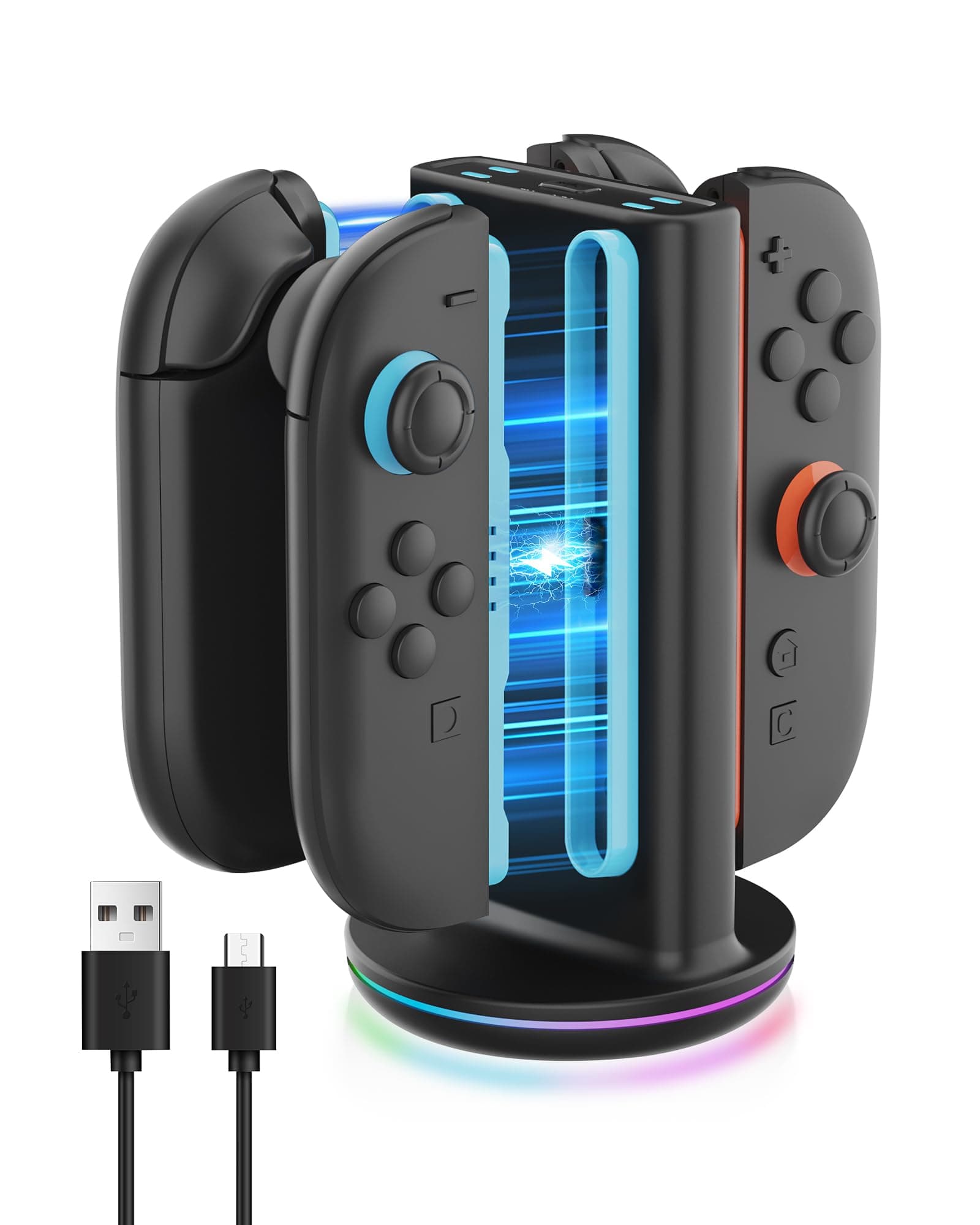 Switch 2 Gen Charging Dock with Fast Dual-Side Charging, 9 RGB Light Modes, Magnetic Plug-in Charger Stand – 4 Slot Dock with USB-C Cable, Black