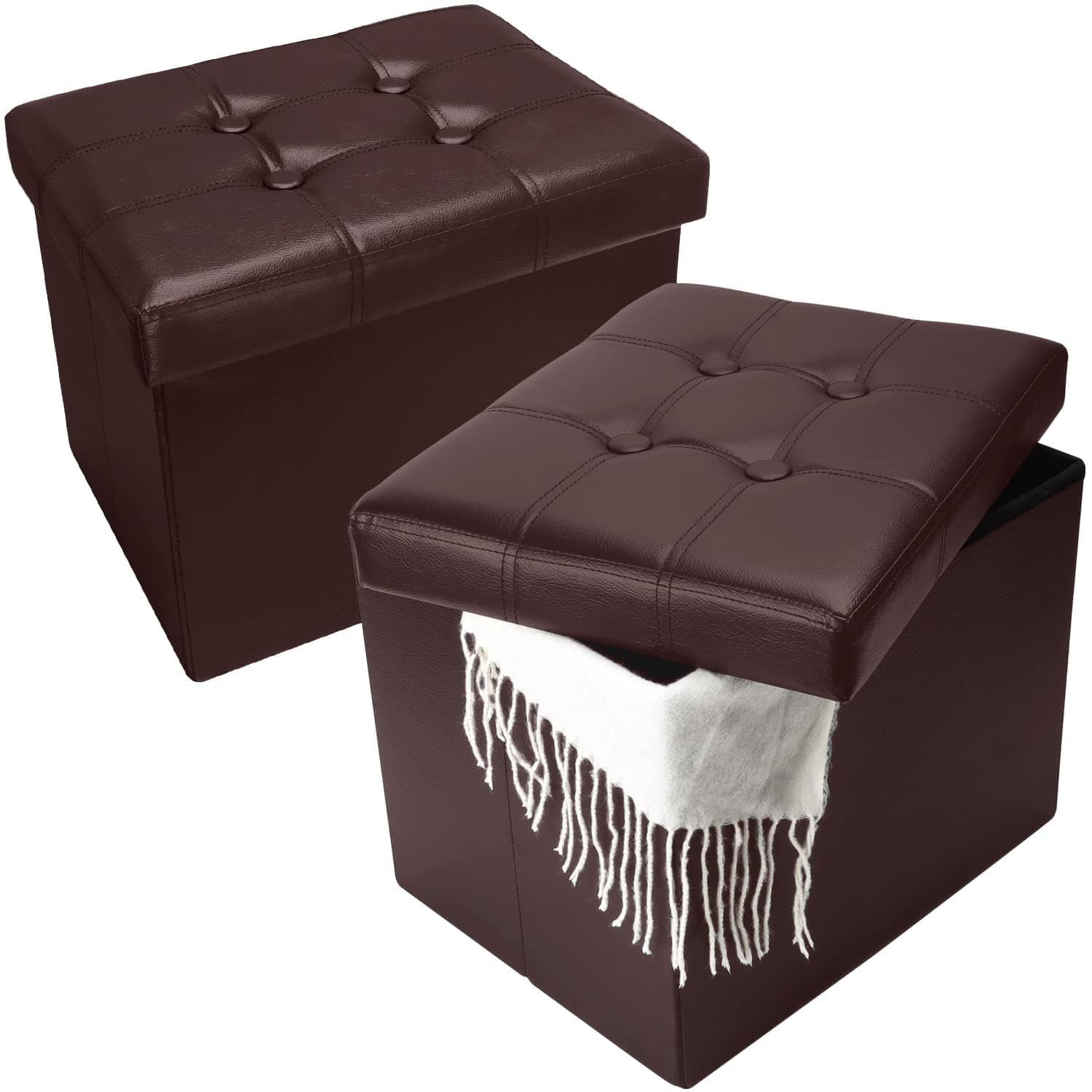 Bsketa Storage Ottoman Bench, 17" Folding Leather Foot Rest, Brown 2 Pack