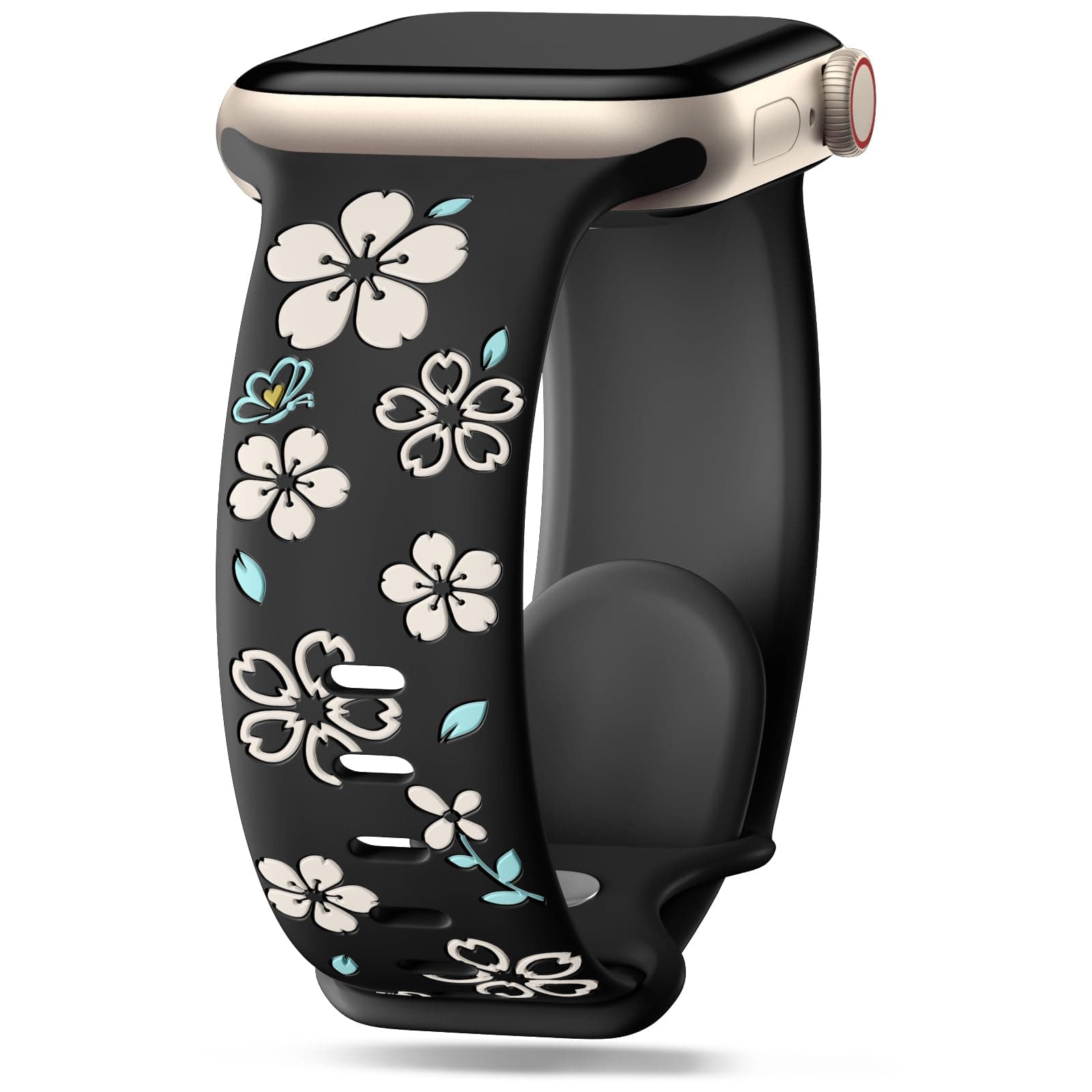 Wepro Designer Flower Engraved Band: for Apple Watch Bands Women 41mm 40mm 38mm 42mm 44mm 45mm 46mm 49mm Cute Floral Silicone Inlay Strap - for iWatch Series 10 9 8 7 SE 6 5 4 3 2 1 Black