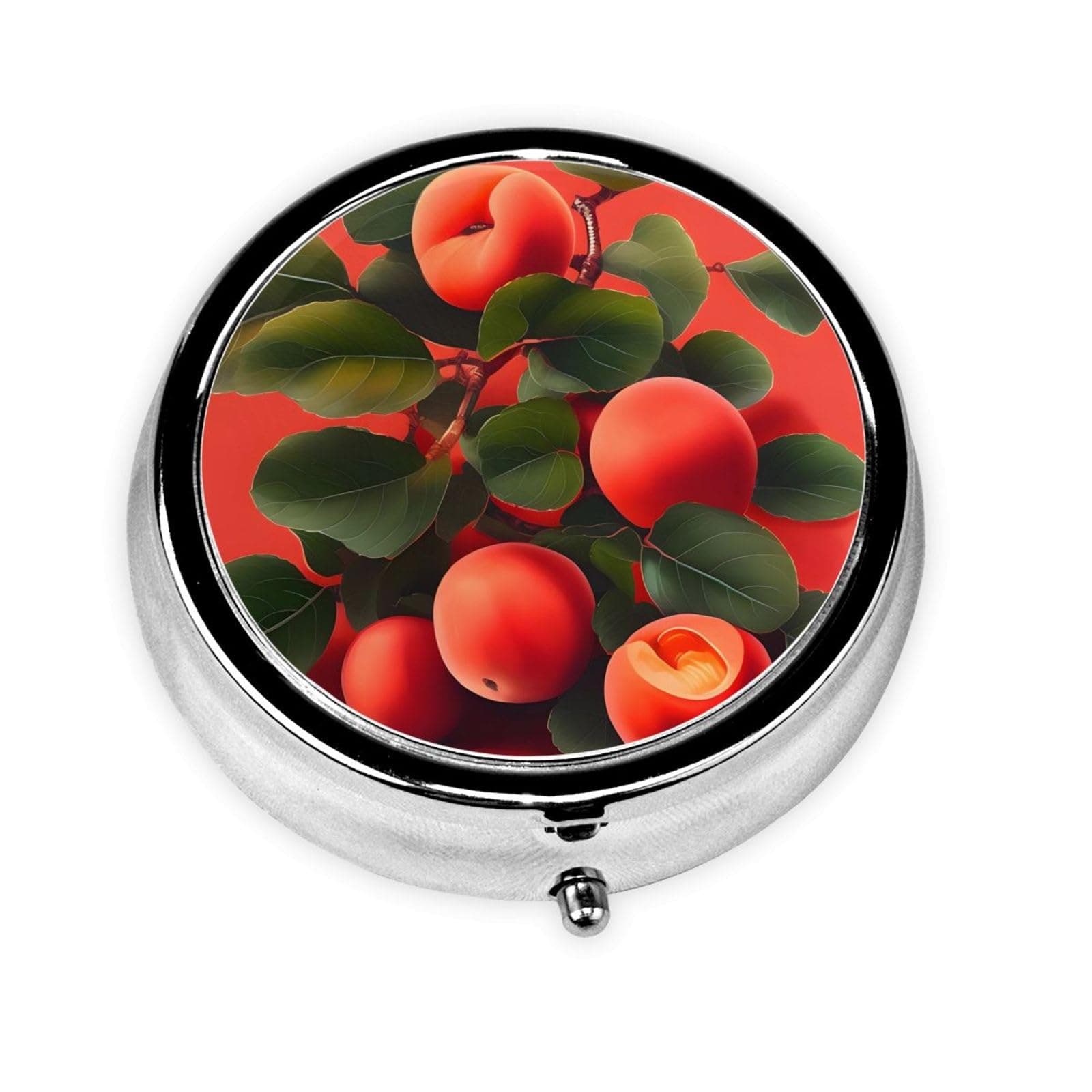 Red Apricot Metal Iron Electroplating, Round Pill Box, 2.0x2.0x0.7 inches, with 3 Plastic compartments