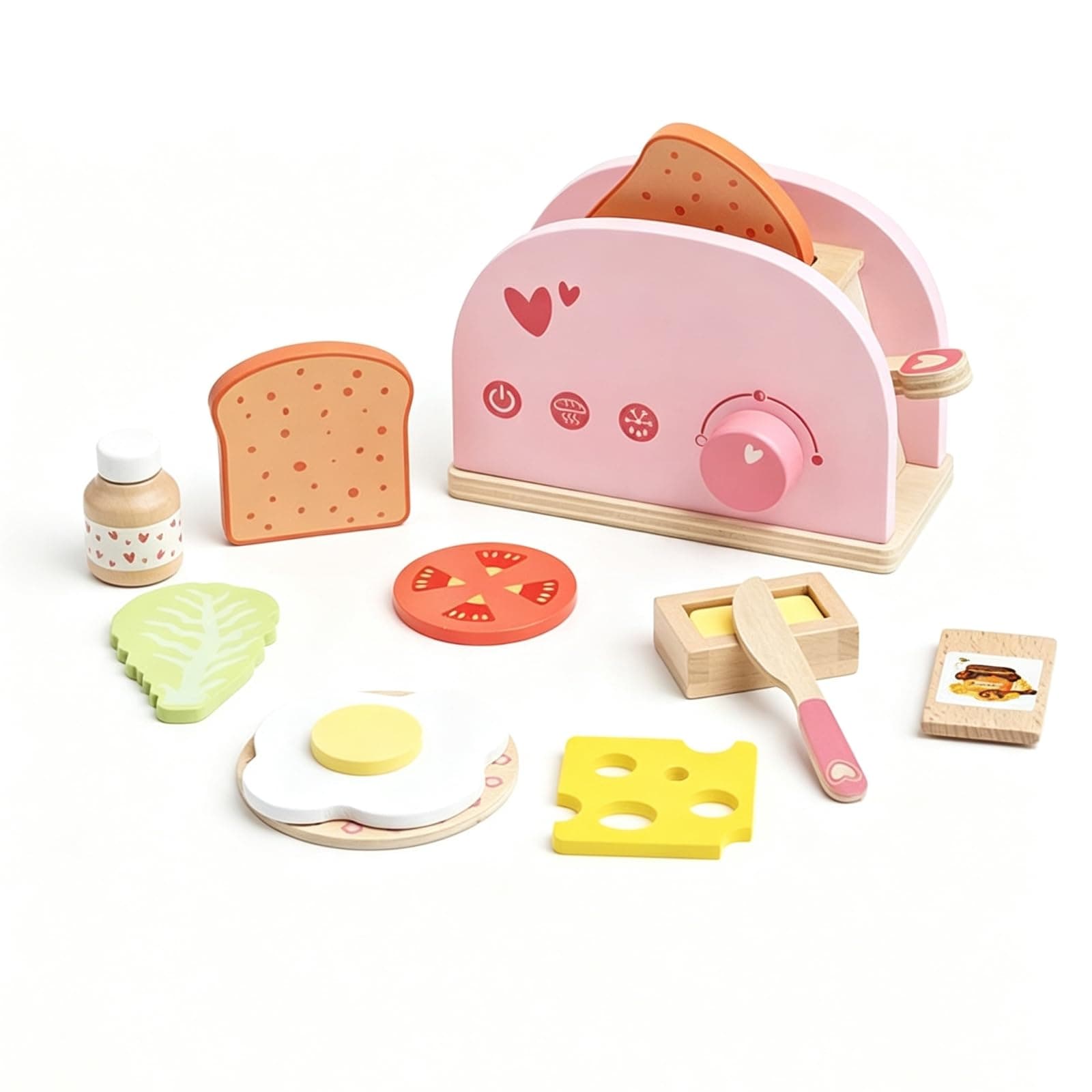 Milageto Wooden Play Breakfast Appliance with Accessories Imaginative Pretend Play Bread Maker Playset for Playroom , Pink , Simulation Bread Maker Set