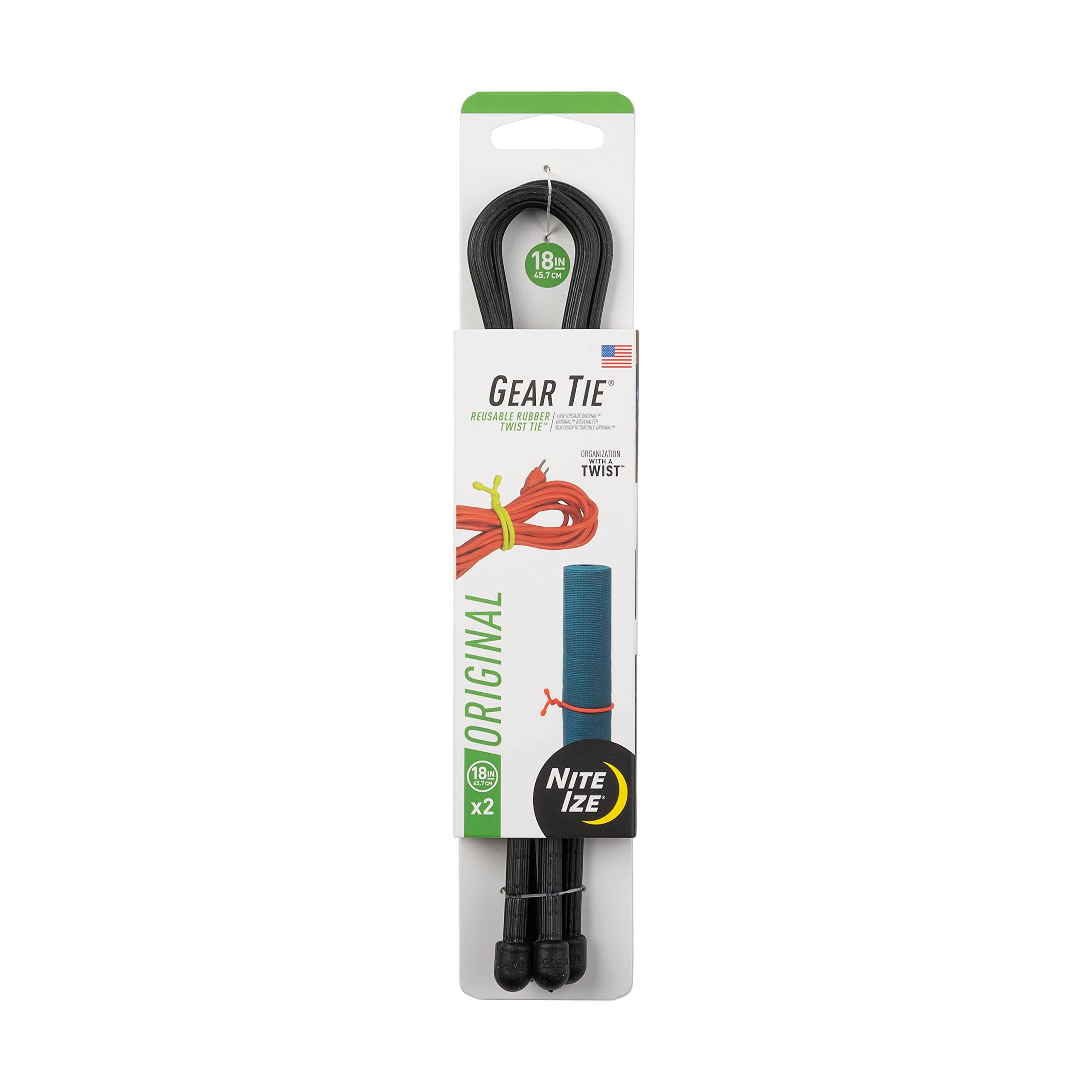 Nite IZE GT18-01-2R3 Original Gear, Reusable Rubber, 18 Inch, 2-Pack, Black, Made in The USA Twist Tie, 2 Count (Pack of 1)