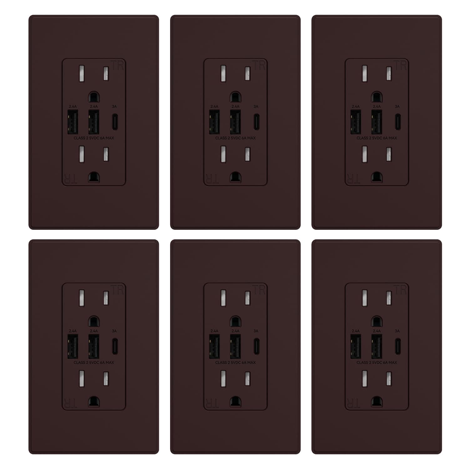 ELEGRP USB Outlets Receptacles, 3-Port Wall Outlet, 30W 6.0A Electrical Outlet, 15 Amp Tamper-Resistant Outlet with Type C Ports, UL Listed, Wall Plate Included, 6 Pack, Matte Brown