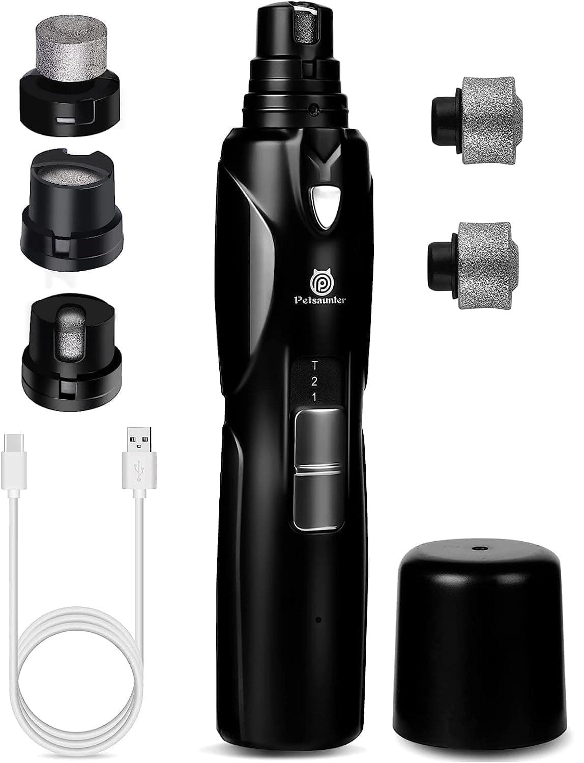 Petsaunter Dog Nail Grinder, 3 Grinding Heads, 2-Speed, LED Light, Touch-Switch, TypeC, Quiet, Low-Vibration, Dog Nail Trimmers for Large, Medium, Small Dogs & Cats with Hard/Thick Nails (U-Black)