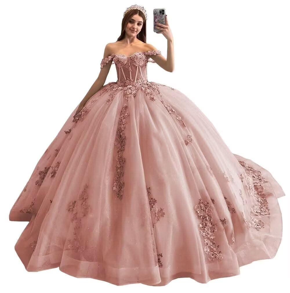 KISKEZ - Vestidos de quinceañera con hombros descubiertos con tren de barrido, vestido dulce de 16 años, fiesta de cumpleaños, fiesta de graduación, vestido de novia, Rosa (Dusty Rose), 6