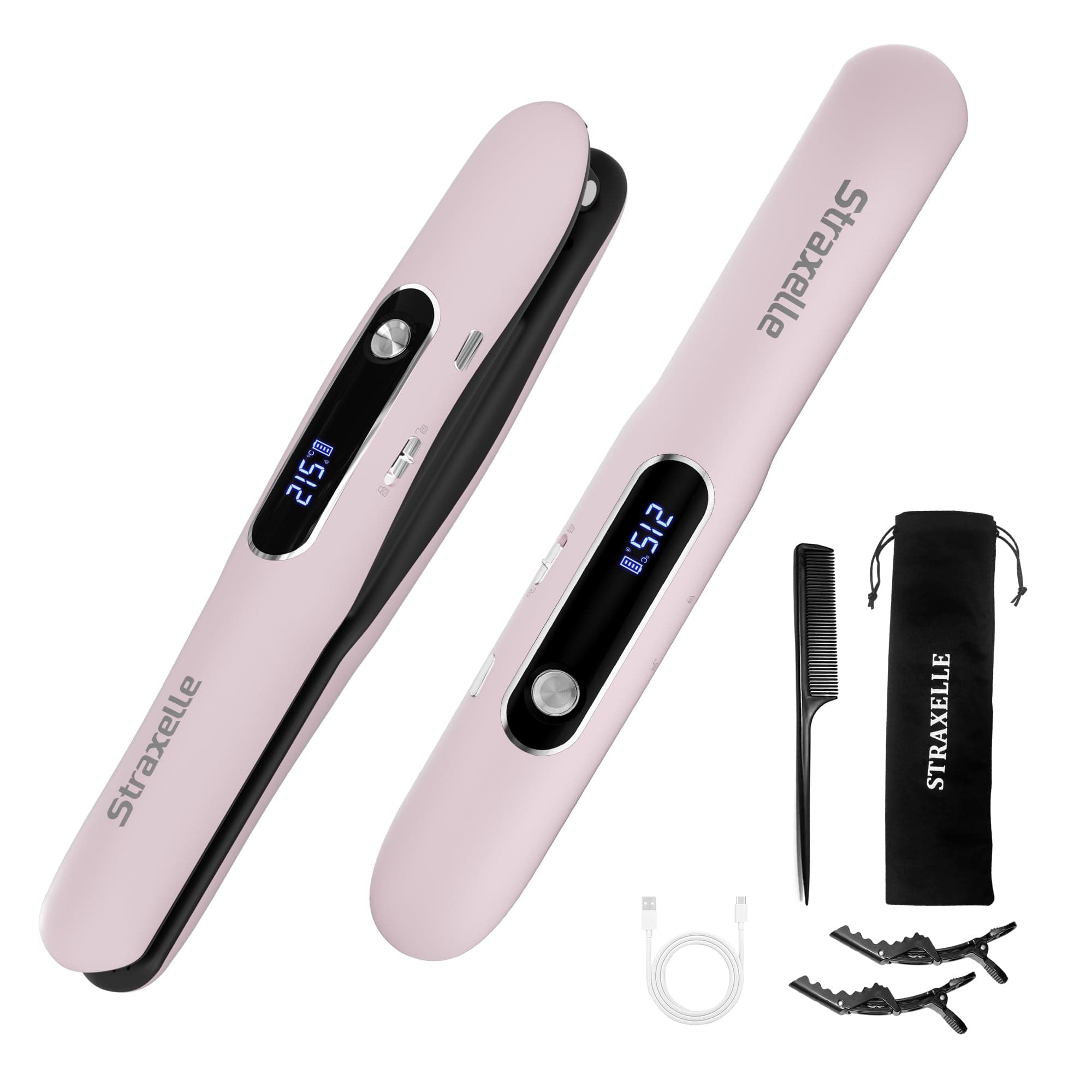 Straxelle Mini Cordless Hair Straighteners and Curler,5000mAh Rechargeable Travel Straighteners Cordless with LED Display,2 in 1 Portable Flat Iron Hair Straightener 3 Temp Levels for Fine to Thick Hair (Pink)