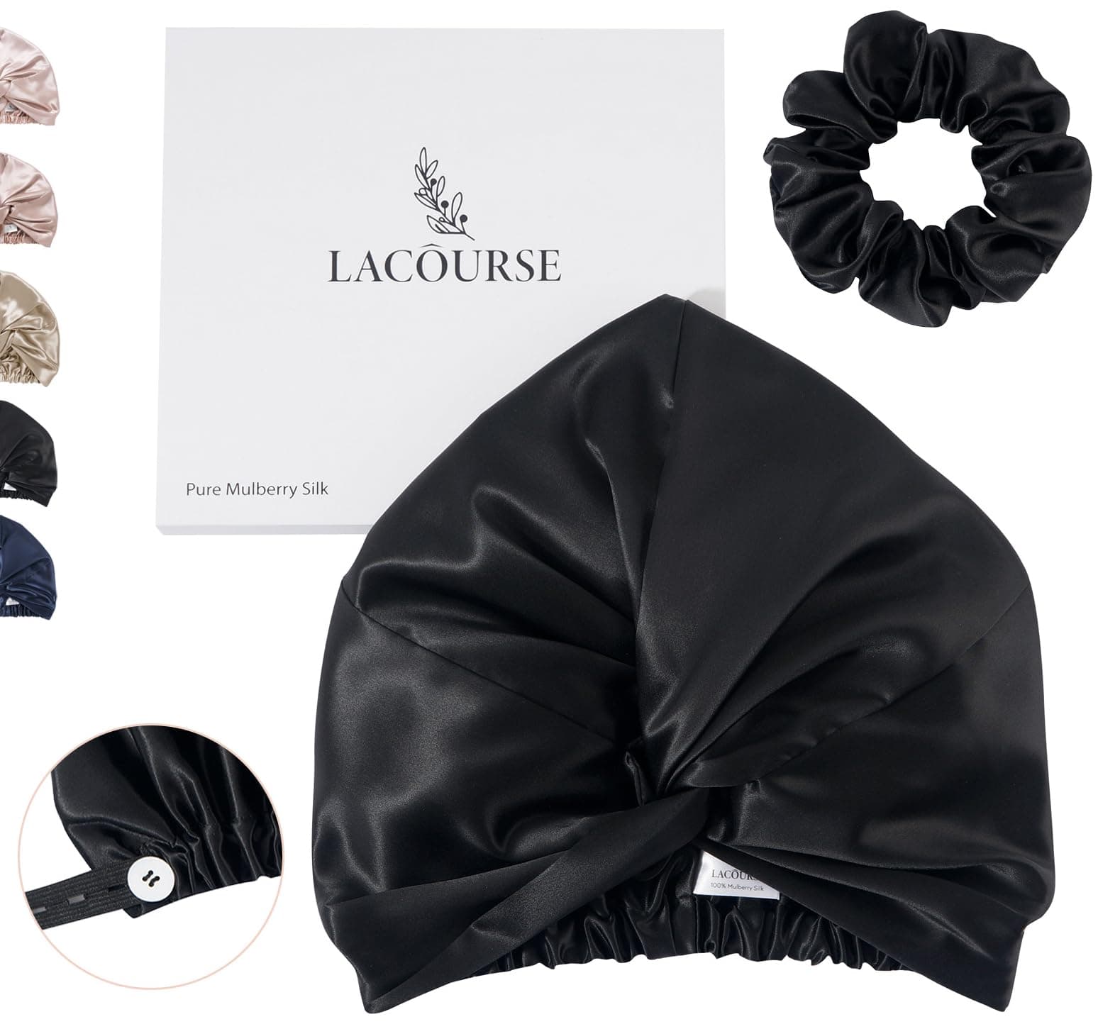 LaCourse Adjustable Real 22Momme 100% Mulberry Silk Bonnet, Black, M-L Size