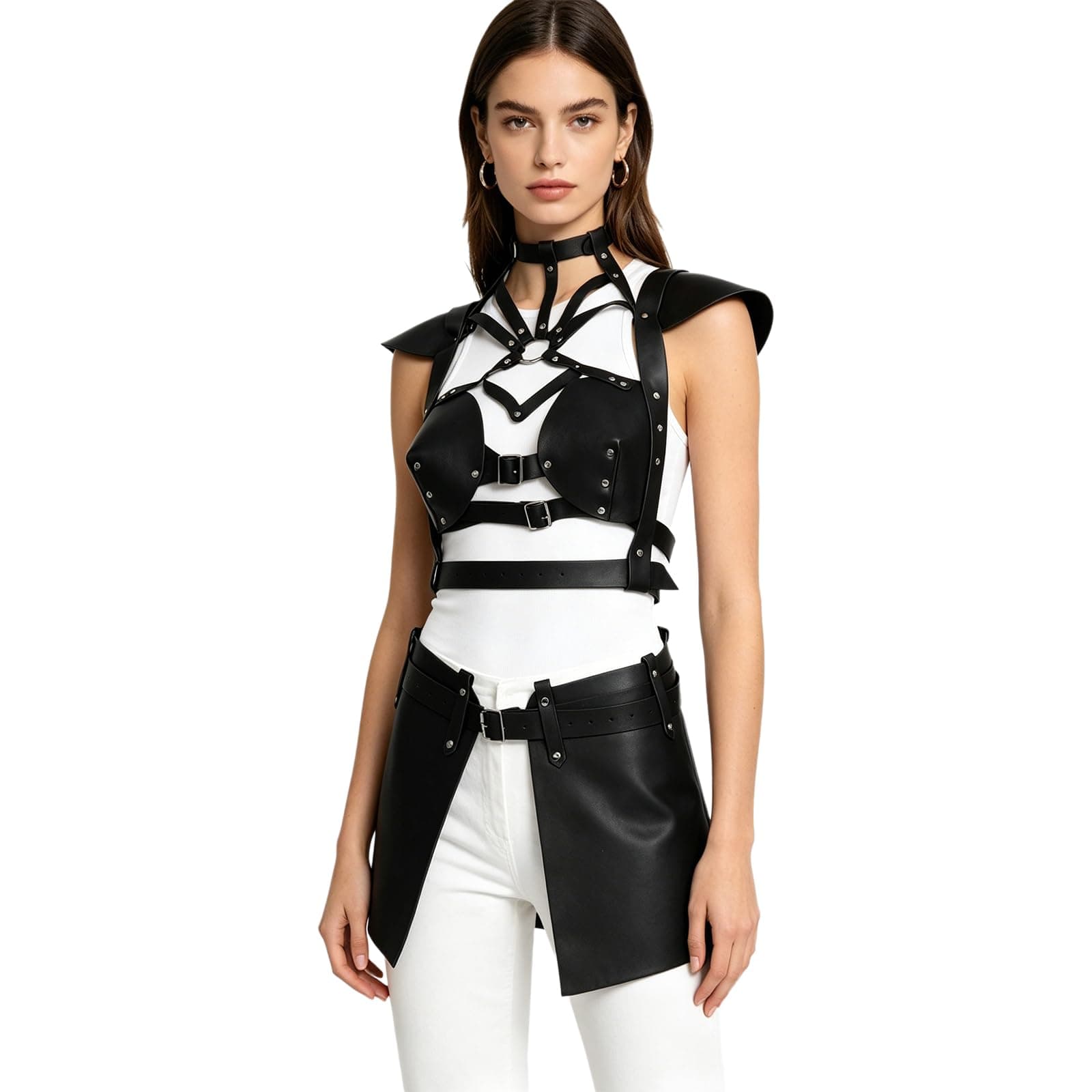 Women Hologram Body Strap Harness Waist Belt Shiny Metallic Hollow Out Backless Crop Top Stage Bar for Party Black One Size