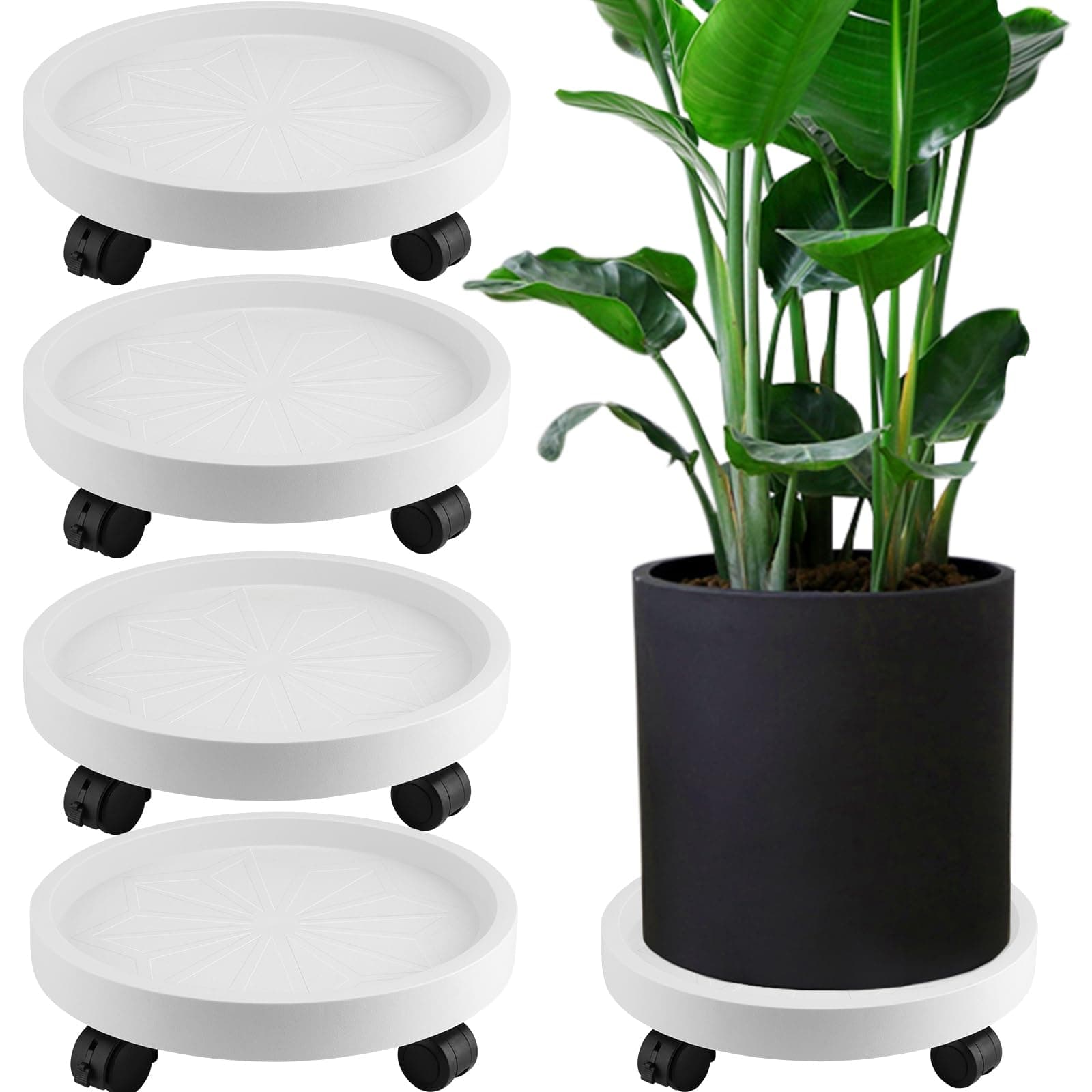 JOIKIT 4 Pack 13 Inch Round Plant Caddy with Lockable Wheels, 132 Lbs Capacity Heavy Duty Rolling Plant Stand, Wheeled Planter Saucer Tray Trolley for 11.8 Inch Planter Pot Indoor Outdoor, White