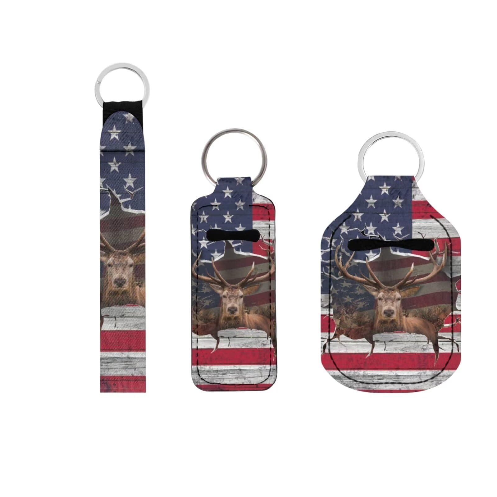 Suobstales 3 Pack Travel Bottle Keychain Holder Set Hand Sanitizer Holder With Chapstick Holder Keychain for Women Men, 3d Deer American Flag, One Size