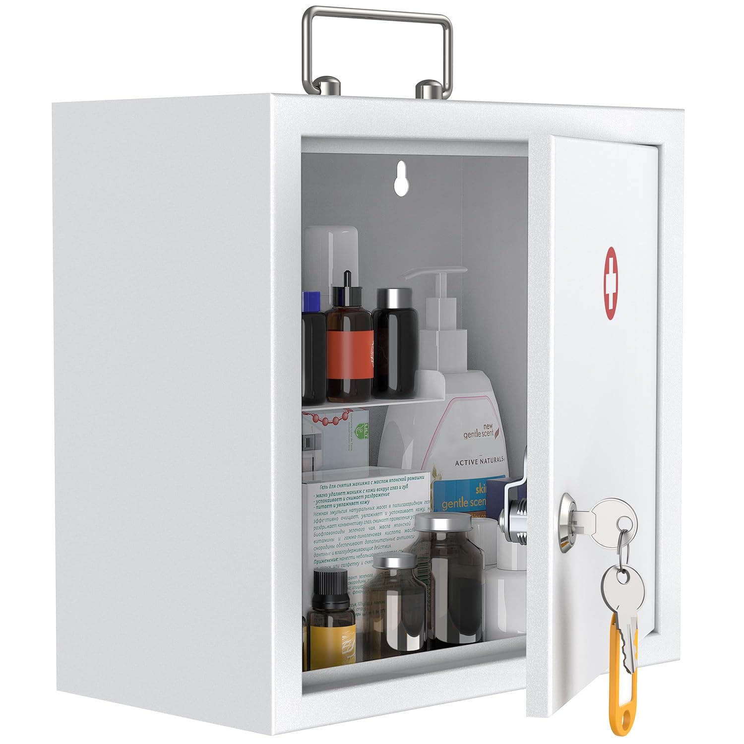 Uniclife Wall Mount Medicine Cabinet with Key Lock & Handle Locking First Aid Cabinet Lockable Medical Cabinet Medium Medicine Organizer Secure Steel Wall Cabinet Metal Storage Box, White