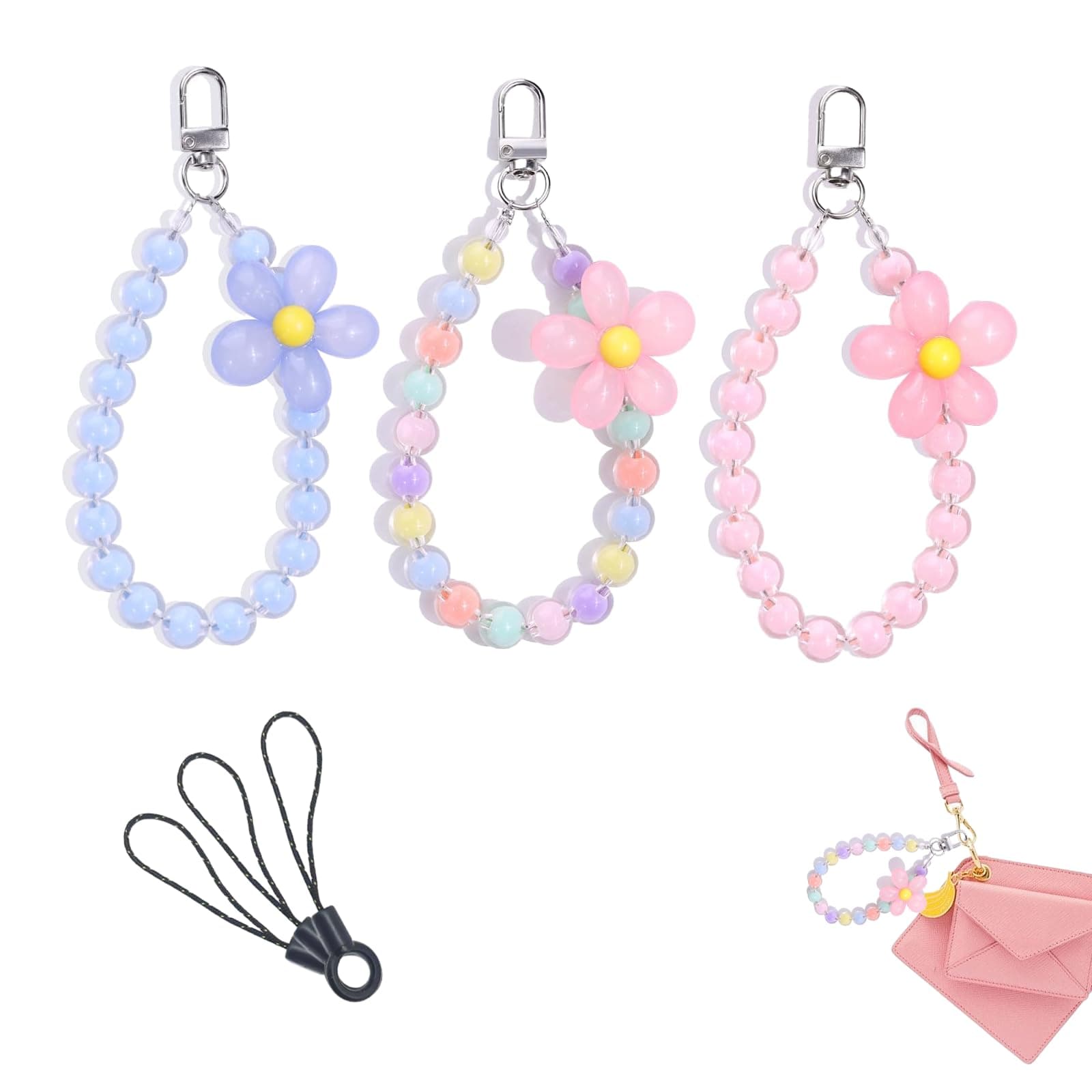 KGCGJVB 3Pcs Beaded Phone Wrist Strap Charm Cute Flower Chain Accessories for Mobile Cellphone Decor with Beads Accessory Charms for Cell Bag and Phone Bead Wristlet(Blue Pink Colorful)