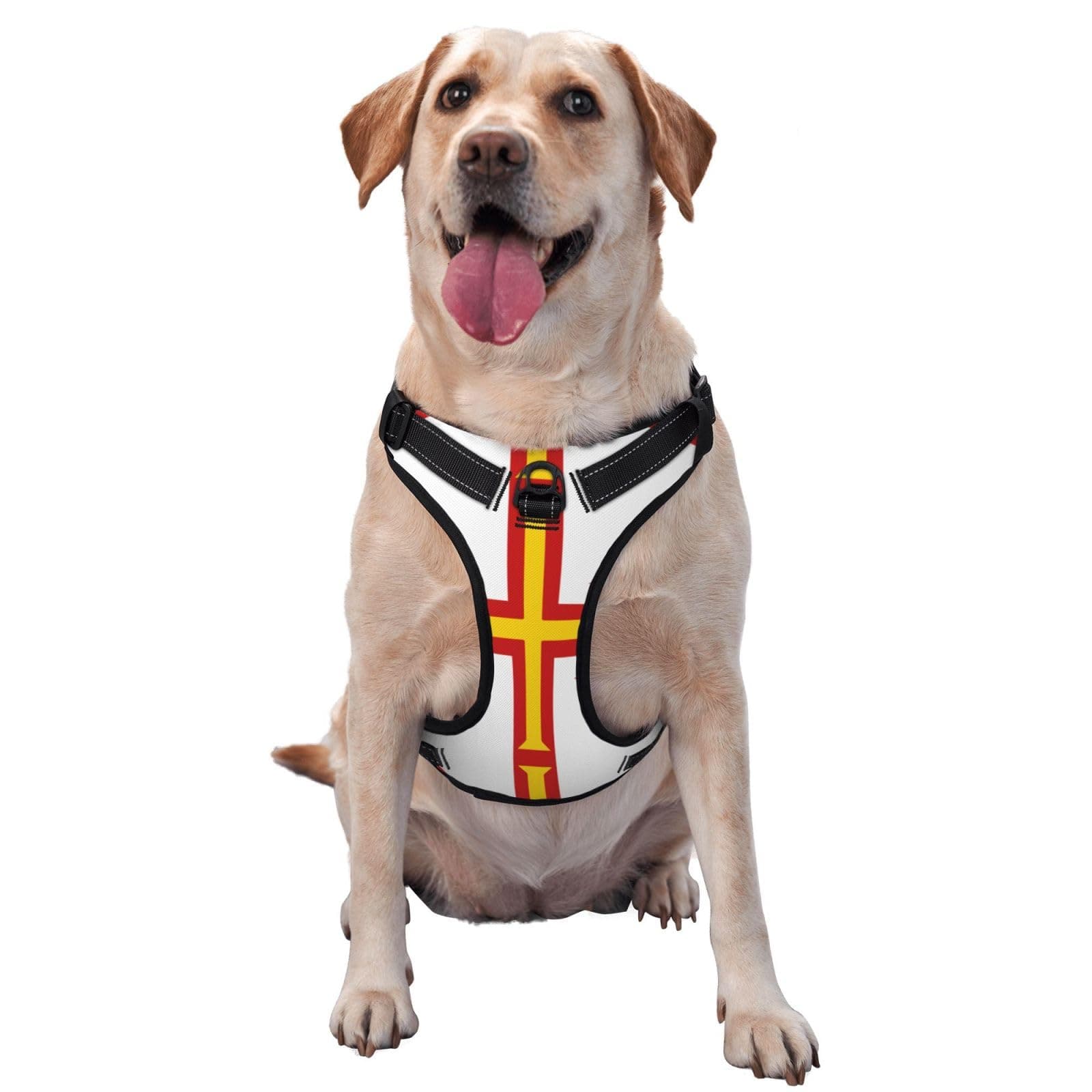 Flag of Guernsey Islands Dog Harness - Adjustable Soft Padded, Reflective Oxford No Choke Pet Vest, for Small Medium Large Dogs, Black, Blue