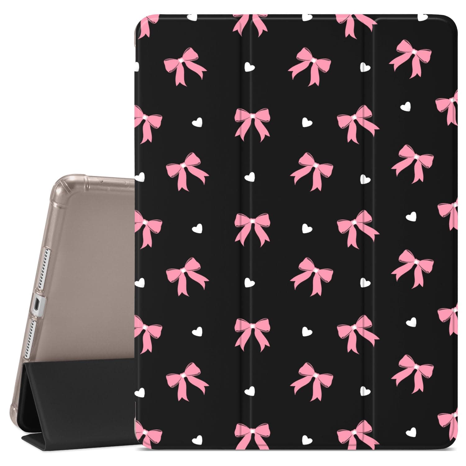 Cute Girly Pink Bowknot Case for iPad (A16) 11th Gen 2025 11-inch/10th Gen 2022 10.9 inch,Protective Shell,Pencil Holder & Clear Transparent Soft TPU Back & Trifold Black Cover
