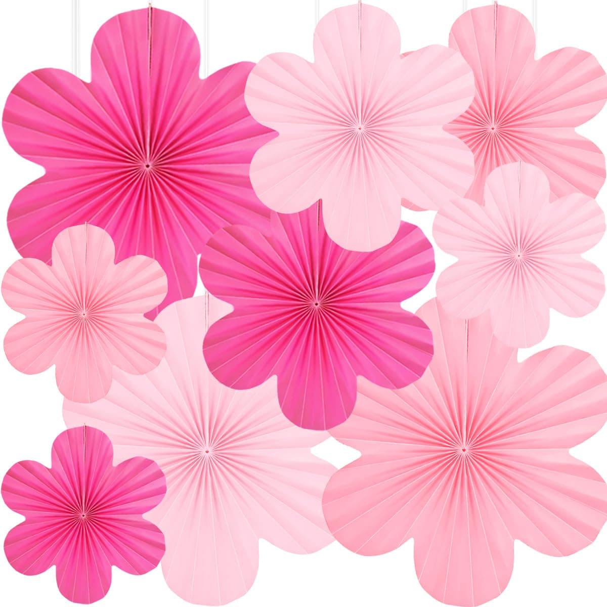 Hot Pink Paper Fans Hanging Ornaments – Set of 9，Paper Flowers Decorations for Wall, Pretty in Pink Party Decorations, Floral Backdrop for Classroom，Birthday, Wedding, Baby Shower & More