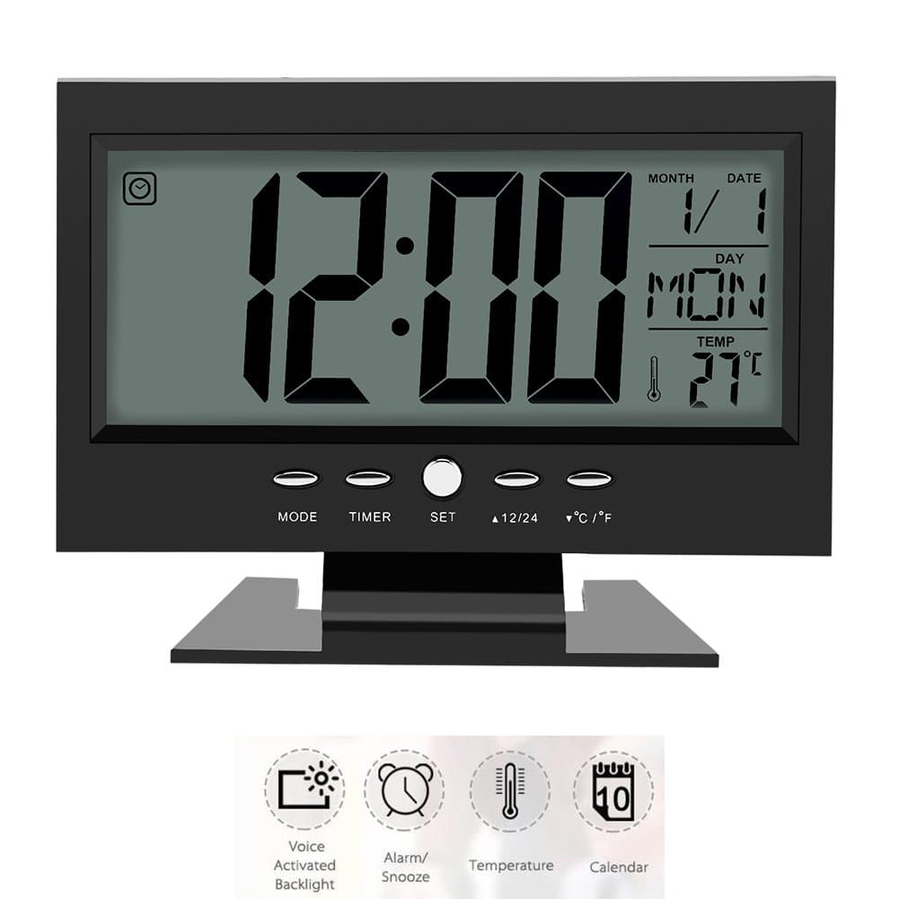 Electric Alarm Clock, LCD Display Digital Smart Nightlight Sound Sensor Table Desk Alarm Clock with Calendar and Temperature Date Display(Black)