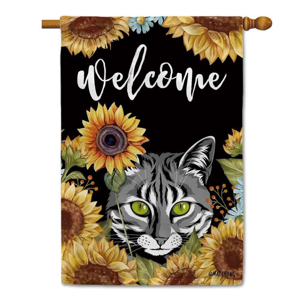 MALIHONG Sunflowers Welcome House Large Flag 28x40 Inch Egyptian Mau Cat Dog Welcome Yard Decoration Porch Outside Patio Lawn Farmhouse Decor Vertical Double Side Banner