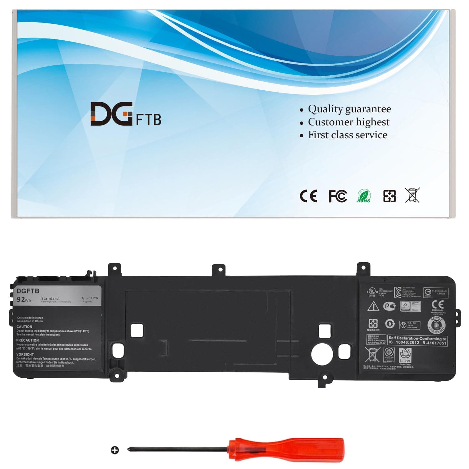 DGFTB 191YN Replacement Laptop Battery for Dell with Alienware 15 R1 R2 Series ALW15ED-1718 1728 1828 1828T 2718 2728 Series Notebook P42F 410GJ 2F3W1 02F3W1 8NH55 08NH55（14.8V 92Wh/6380mAh）