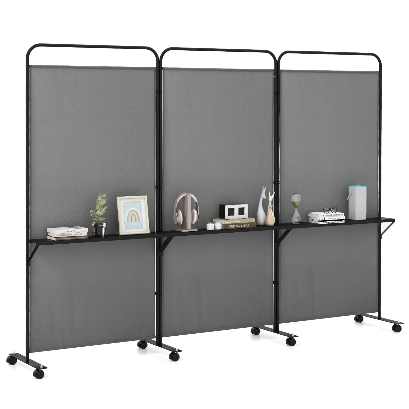 GOFLAME 3 Panel Room Divider with Storage Shelves, 6FT Folding Privacy Screen with Lockable Wheels, Portable Rolling Wall Divider, Freestanding Partition Screen for Room Separation, Grey