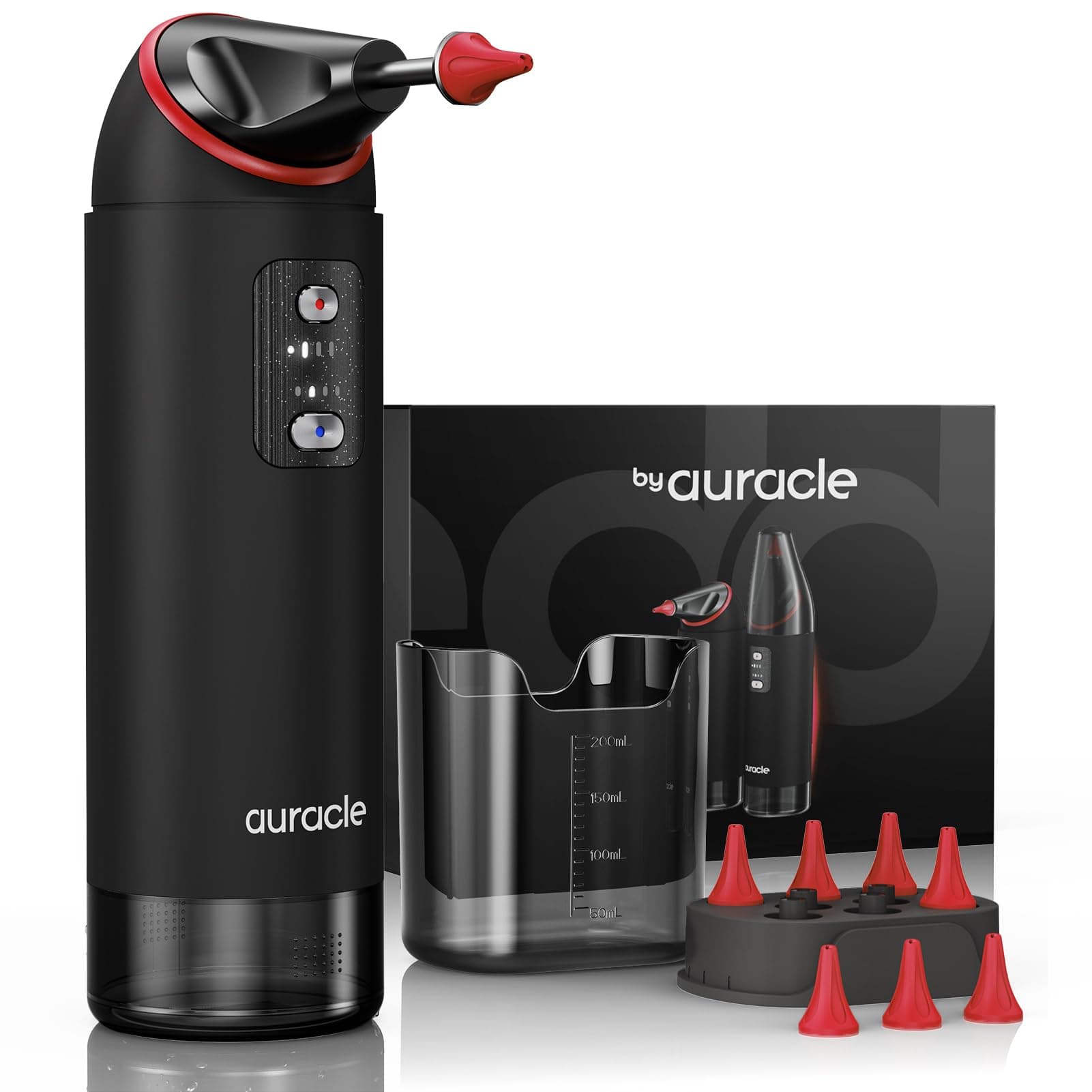 Auracle Ear Wax Removal - Eddy Ear Cleaner, Ear Cleaning Kit With 4 Water Pressure Modes, Safe and Effective Ear Wax Cleaner w/ 8 Irrigation Tips, Electric Ear Irrigator, 55dB Quite, IP65 Shower Ready (Red)
