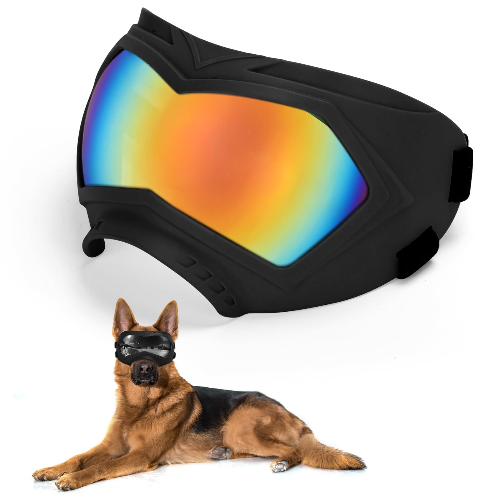 Large Dog Sunglasses Dog Goggles Pet Glasses Pet Eyewear with Adjustable Strap, Glasses for Medium Large Dog Swimming Skating Glasses Windproof Dustproof UV Proof (Black-Colorful)