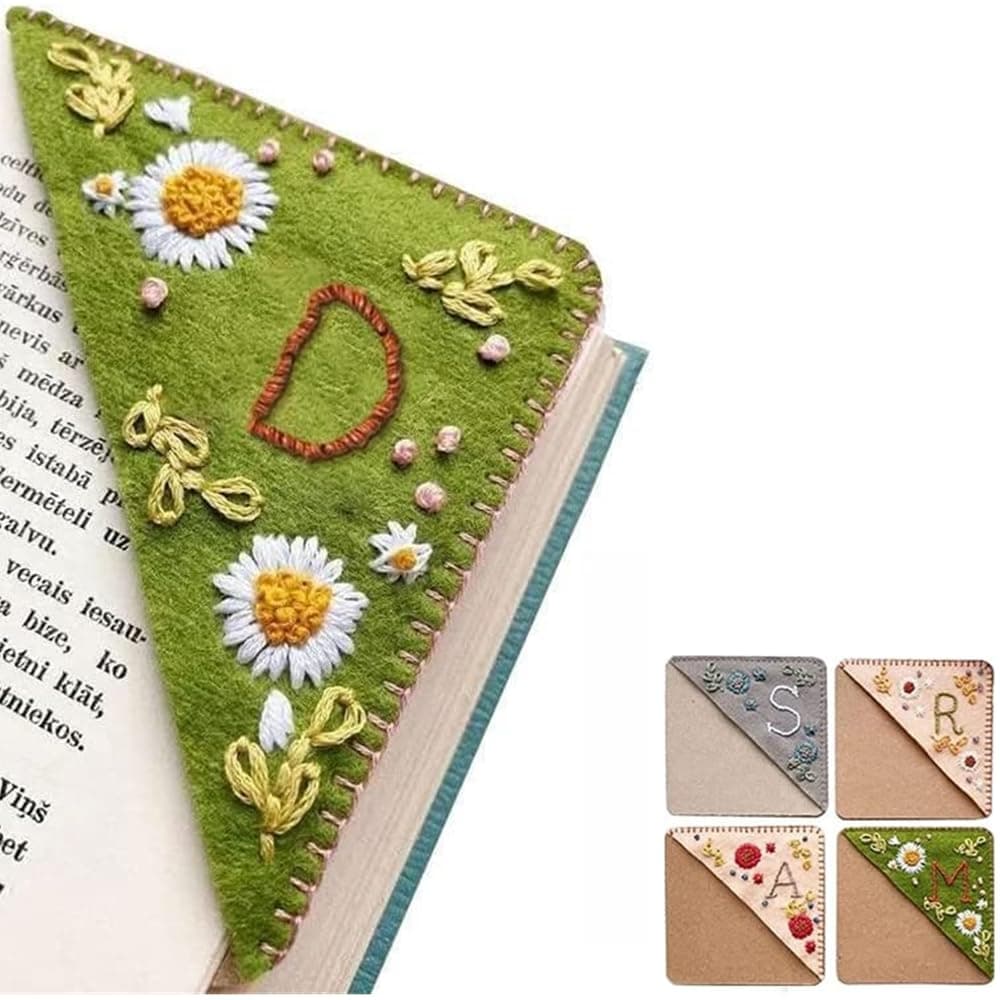 Personalized Hand Embroidered Corner Bookmark 26 Letters Felt Triangle Corner Page Bookmark Handmade Stitched Book Marker Cute Flower Bookmarks for Book Reading Lovers Meaningful Gift (D, Summer)