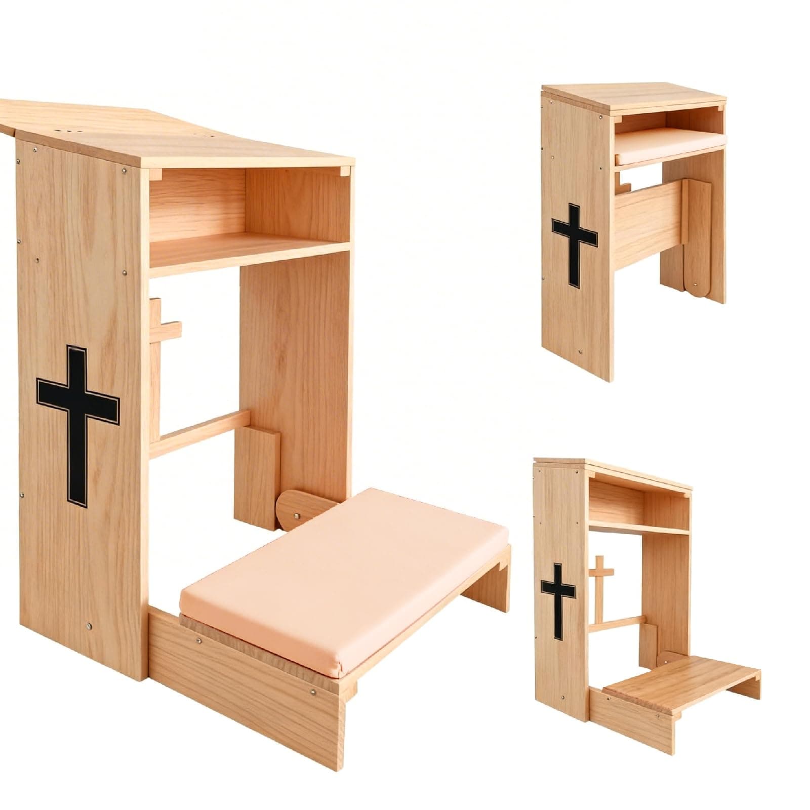 DOLEMODUO Wooden Prayer Kneeler with Storage Shelf & Cushion - Folding Prayer Bench for Home and Church, Comfortable Kneeling Devotional Pew Bench, 32" H x 22" W