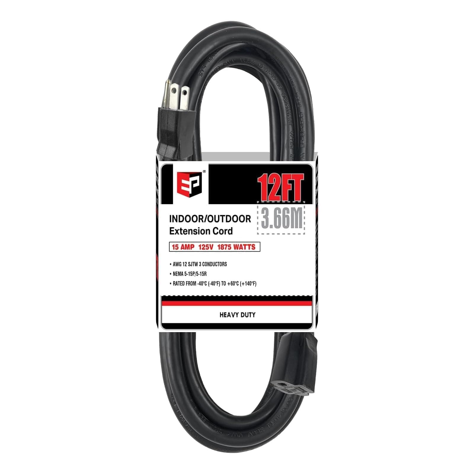 EP 12 Ft Heavy Duty Outdoor Extension Cord, 12/3 SJTW Black 3-Prong
