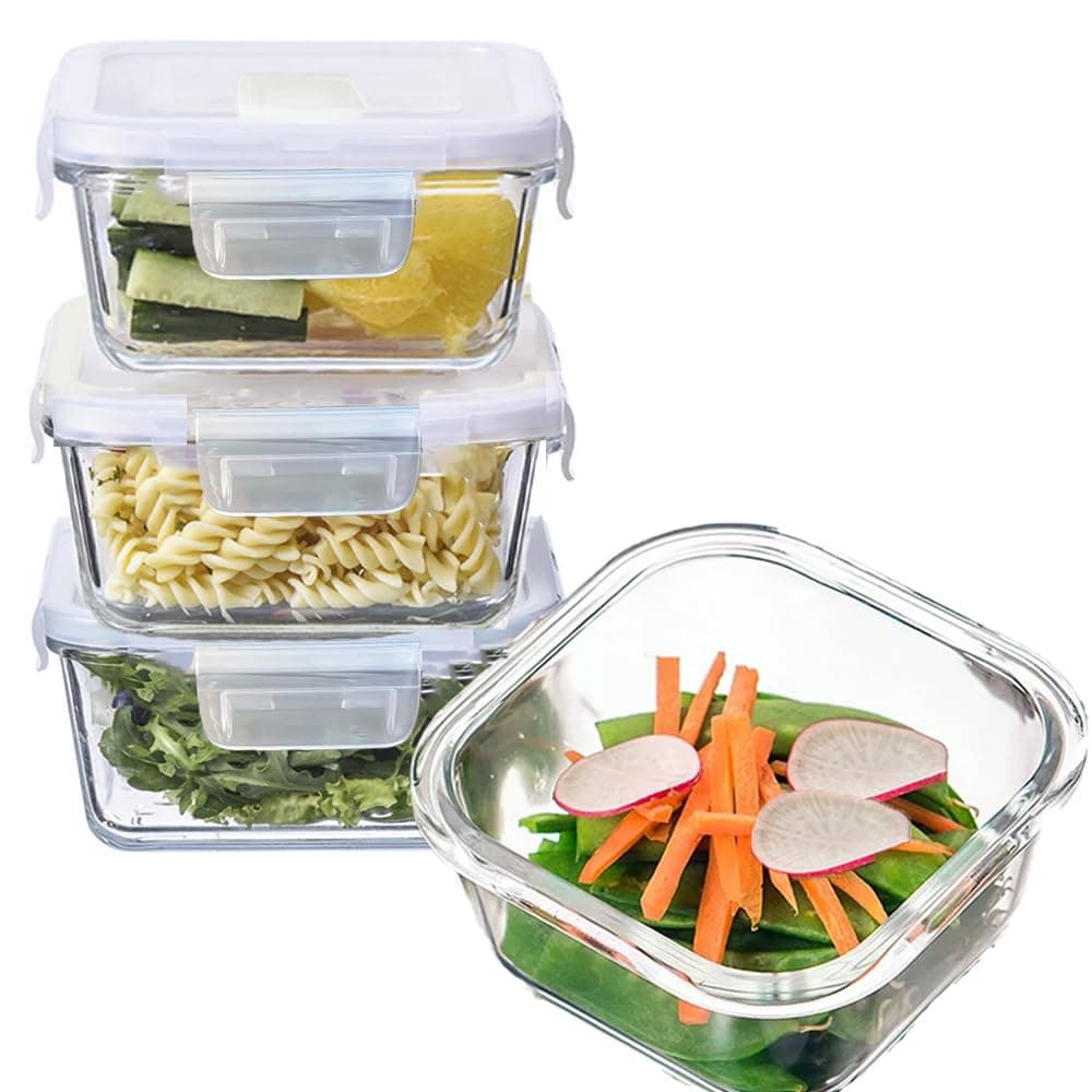 R.repad yay 2 Cup Square Glass Food Storage Containers, Small Square Storage Containers With Airtight Lids Leak-proof, BPA free 16oz Glass Meal Prep Bowls, Dishwasher, Microwave, Freezer Safe (White)