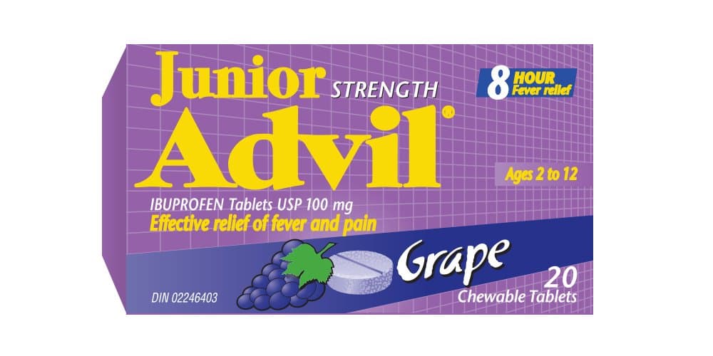 Junior Strength Advil (20 Count, Grape Flavour) Ibuprofen Chewable Tablets Fever Reducer/Pain reliever