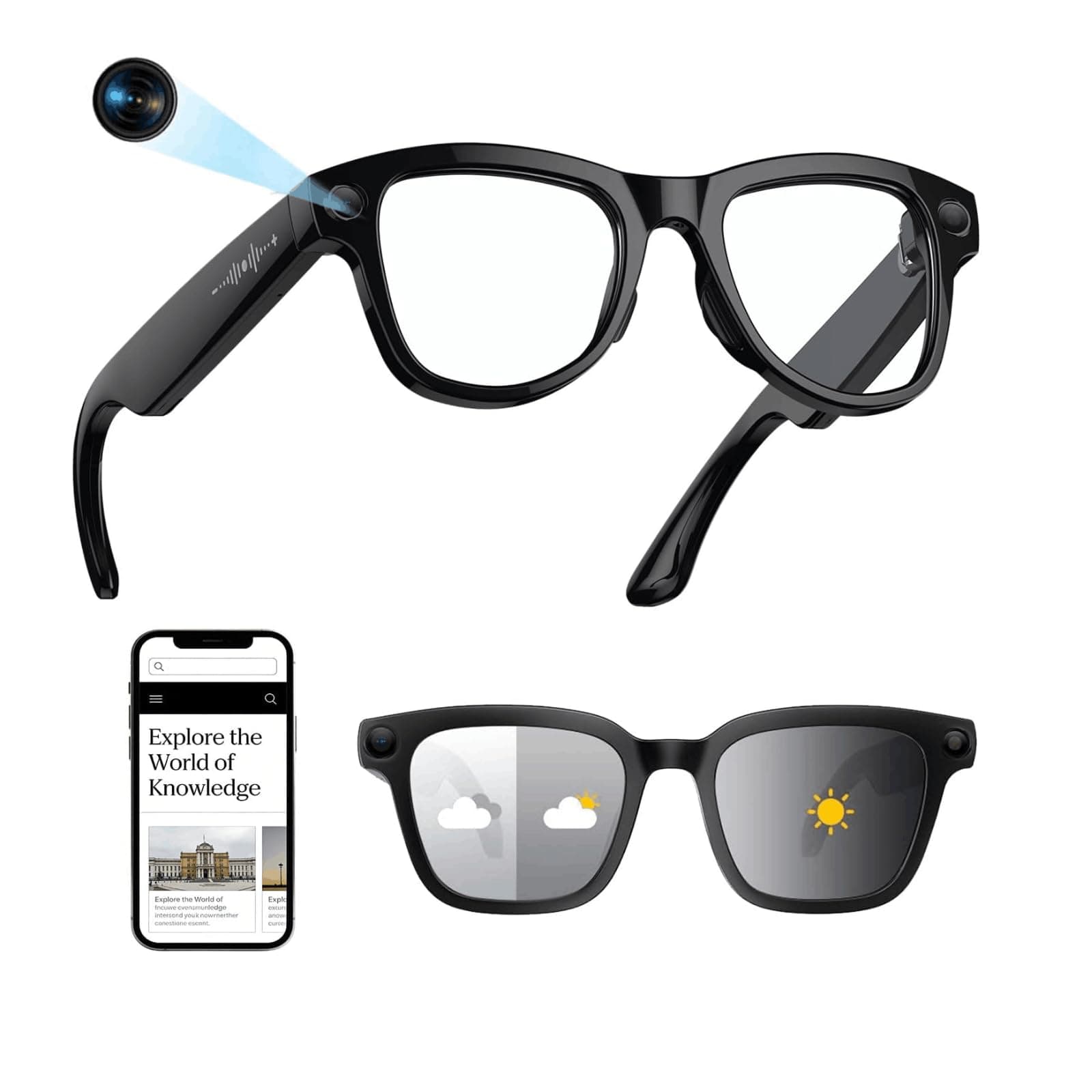 Smart Glasses AI Glasses with Camera 8MP Video Recording Bluetooth AR Glasses with Transition Lenses Charging Case Voice Control for Men Women