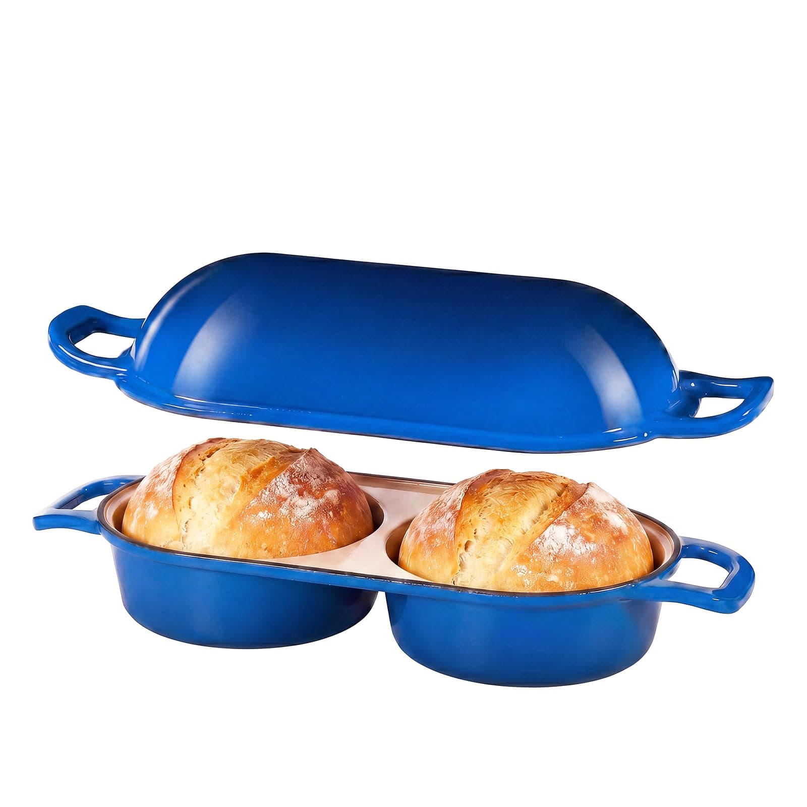 Cast Iron Dutch Oven for Sourdough Bread Baking, Mini Enameled Bread Pot with Lid, Nonstick Double Loaf Pan for Homemade Bread, Cake & Meatloaf, Oven Safe to 500°F, 16.5cm Diameter, Blue