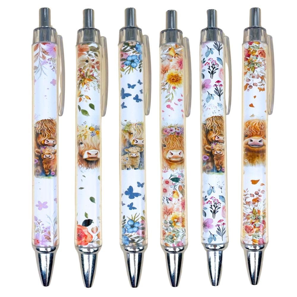 YJ PREMIUMS 6PC Highland Cow Pens Set | Cow Print Pen Kawaii Cute Supplies Accessories Items Stationary for School Home Office Desk Planner Pencils Decor Things Themed Lover Gifts Gift for her