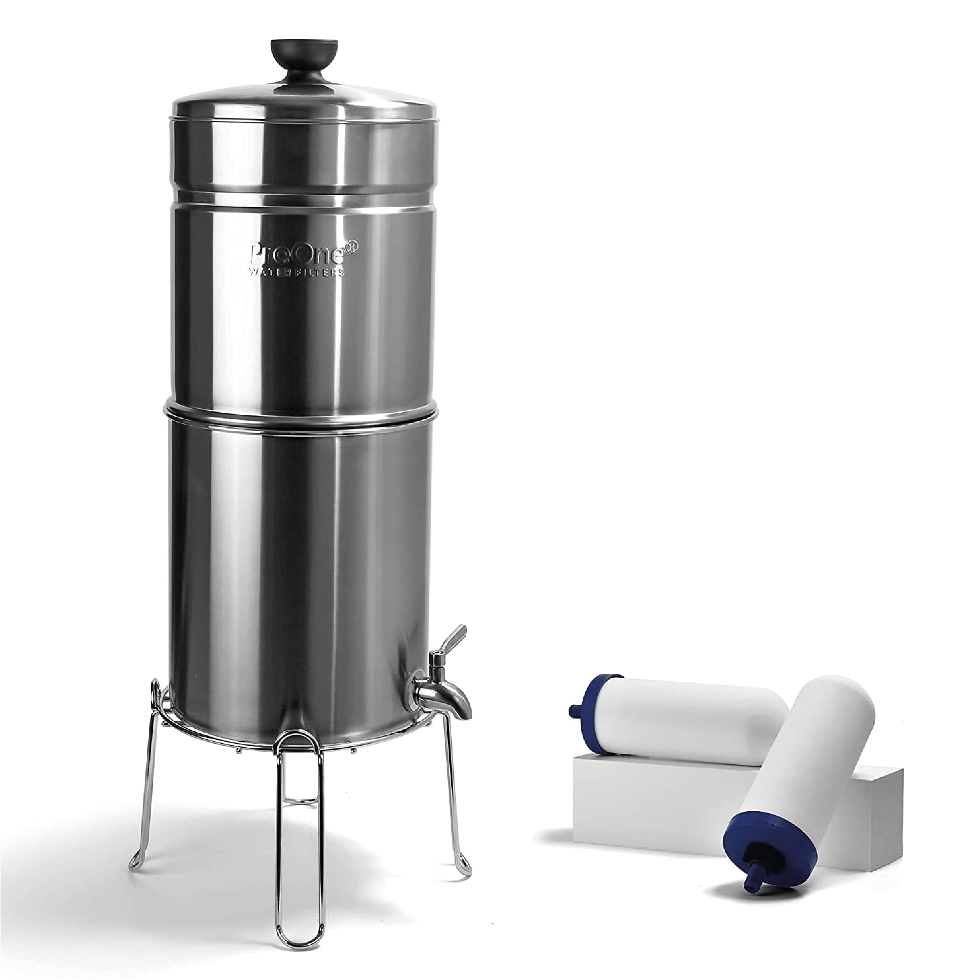 ProOne Big+ Gravity Water Filter System - High Capacity 3/8 Gallon Polished Stainless Steel, NSF Certified Water Filter Dispenser and 2 Filters
