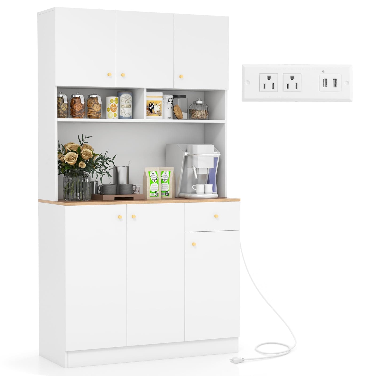 LOKO 71” Tall Kitchen Hutch Storage Cabinet, Freestanding Buffet Cupboard with Outlets & USB Ports, 3-Position Adjustable Shelves, Modern Pantry Cabinet with Microwave Stand for Dining Room, White