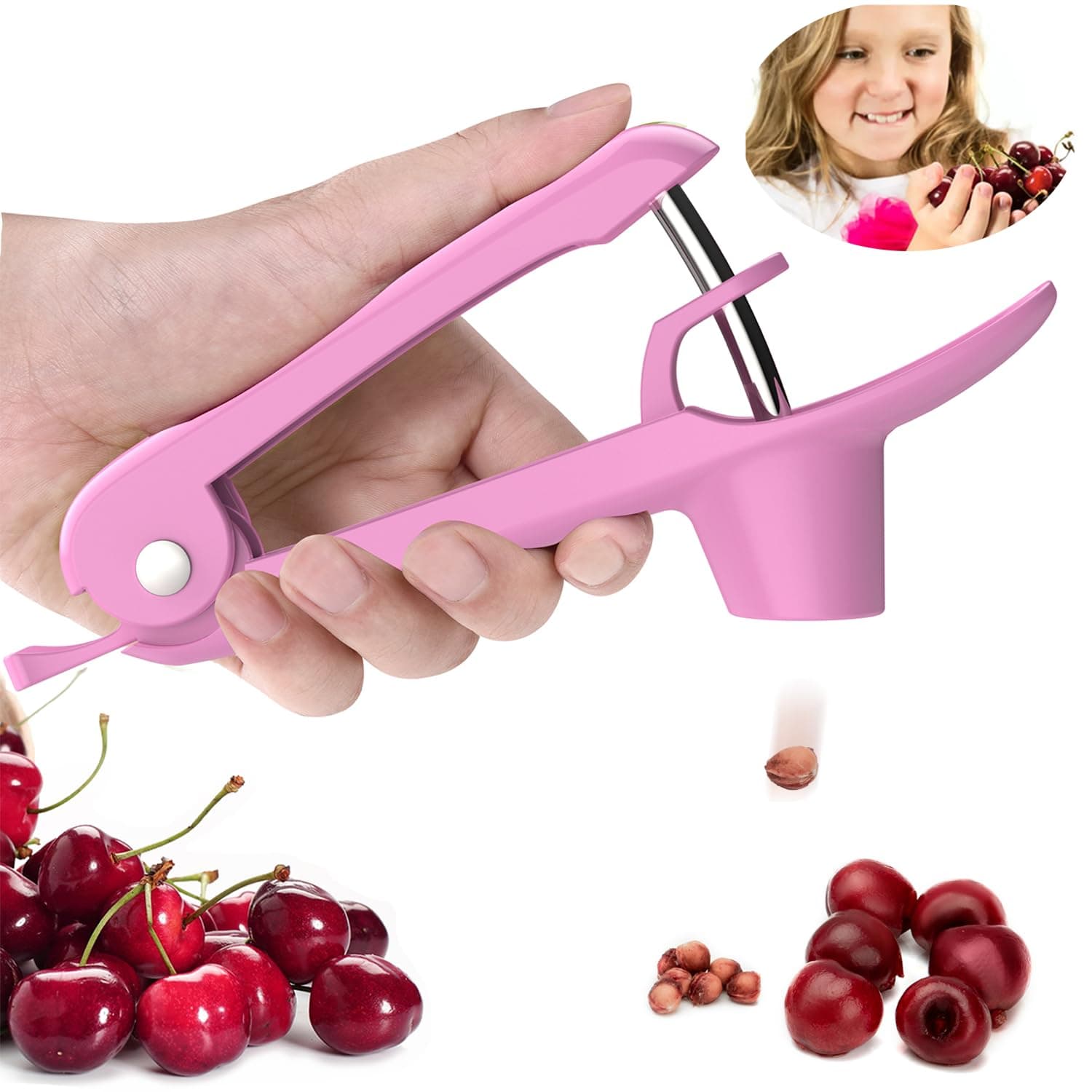 Cherry Pitter, Brighoot Stainless Steel Cherry Pitter Tool Cherries Corer with Lock Design for Making Cherry Jam, Remove Cherry Seed with Space/Safe/Quick (Pink)