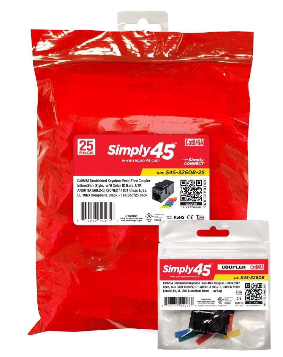 Simply45 Cat6 Unshielded Keystone Feed-Thru Coupler, Black, 25 Pieces
