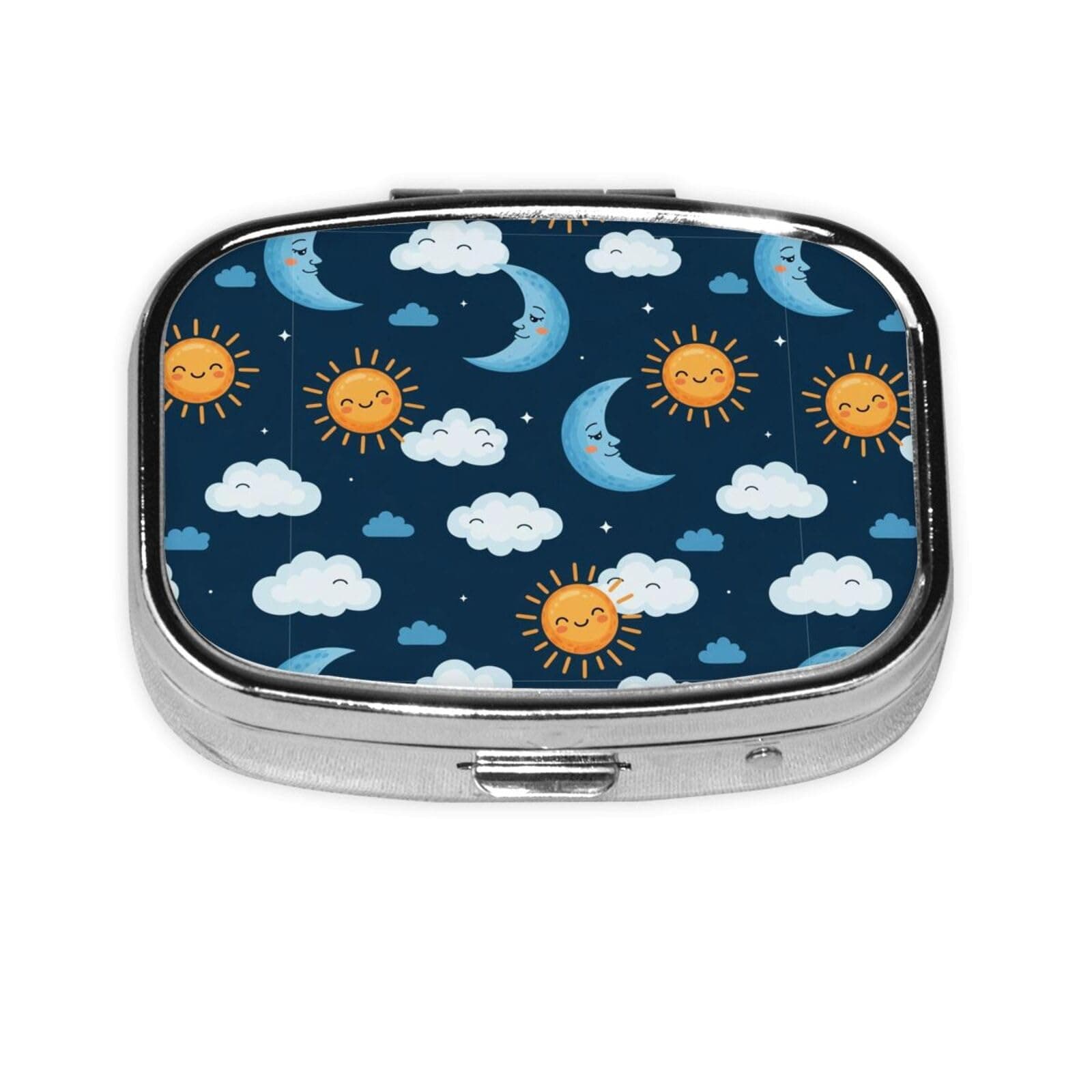 Luxury Pill Case Stainless Steel Mirror Finish Vitamin Organizer Executive Gifts Office Professional, Blue Sky Camo Boho Sun Moon