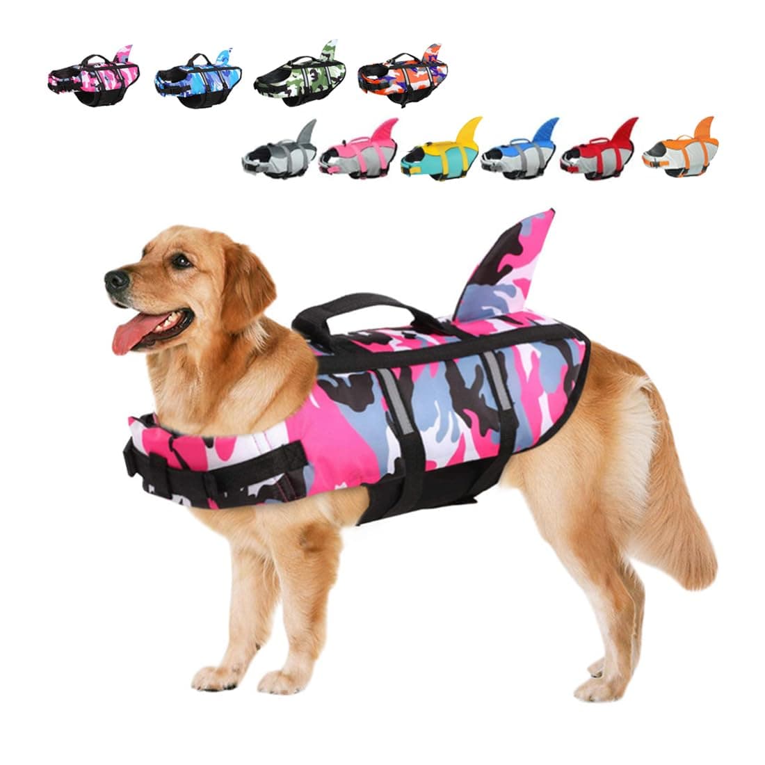 Large Dog Life Jacket Shark, Dog Swimming Safety Vest with Reflective Stripes & Rescue Handle, Adjustable High Buoyancy S/M/L Dog Swim Life Preserver for Water at Pool, Beach, Boating Camo Pink L