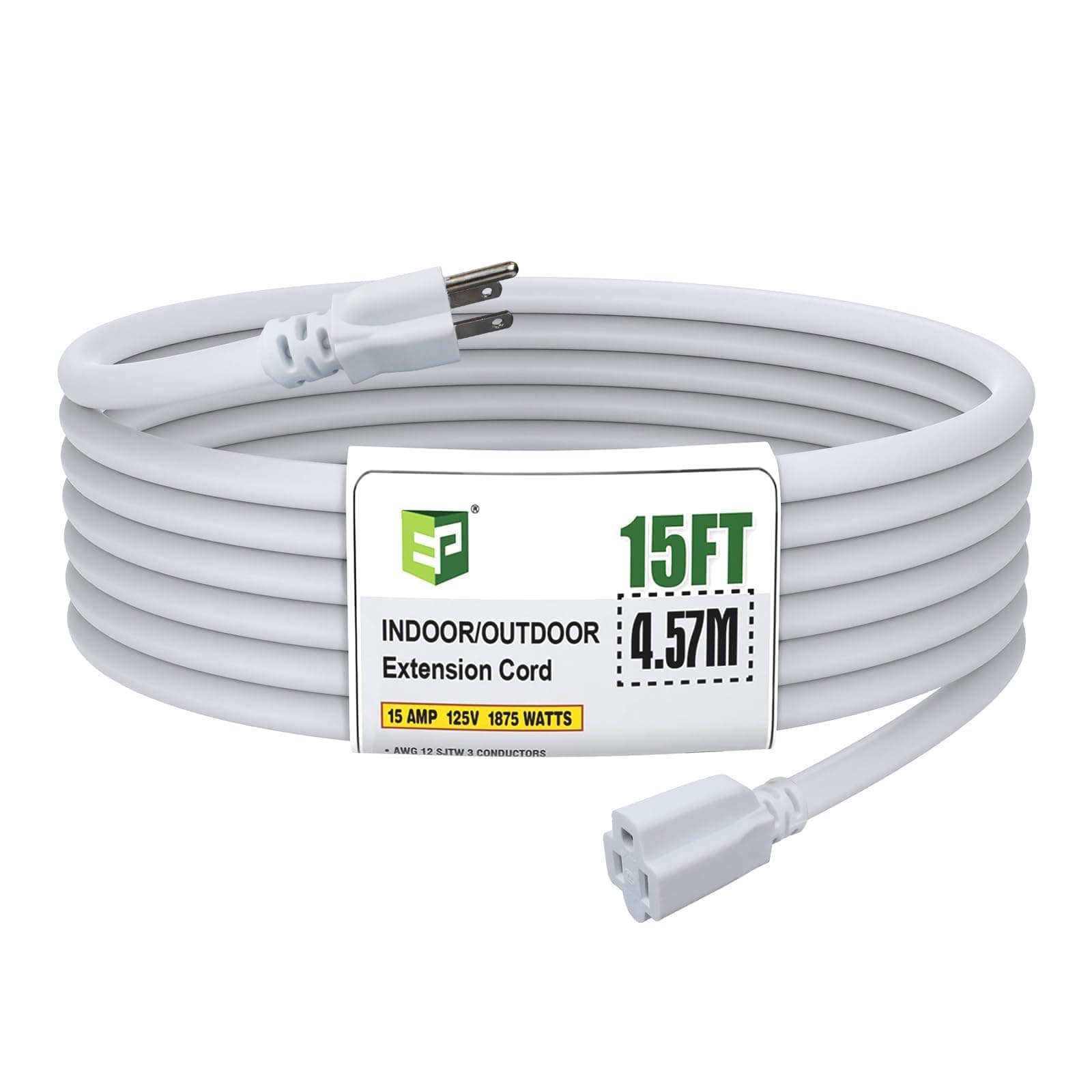 EP 15 Ft Heavy Duty Outdoor Extension Cord, 12/3 SJTW White 3-Prong